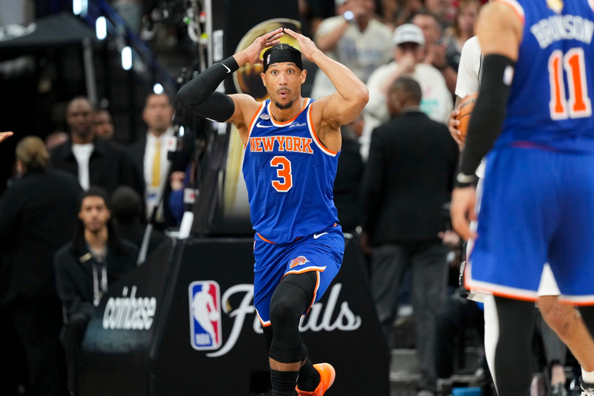 New York Knicks guard Josh Hart (3) reacts to a call during the fourth quarter against the San Antonio Spurs during game two of the 2026 NBA Finals at Frost Bank Center.