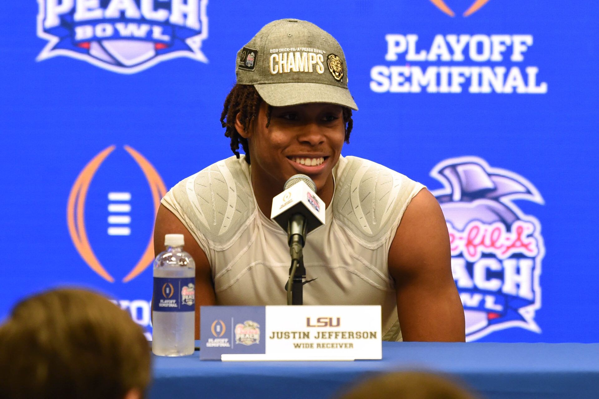 LSU Tigers wide receiver Justin Jefferson speaks during a press conference after the 2019 Peach Bowl college football playoff semifinal game between the LSU Tigers and the Oklahoma Sooners at Mercedes-Benz Stadium.