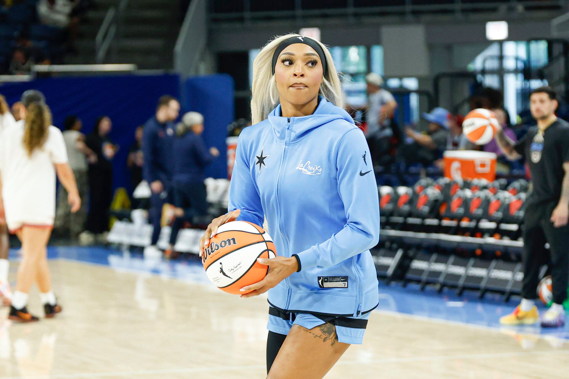 Chicago Sky guard-forward DiJonai Carrington (7) warms up before a WNBA game against the Connecticut Sun at Wintrust Arena.