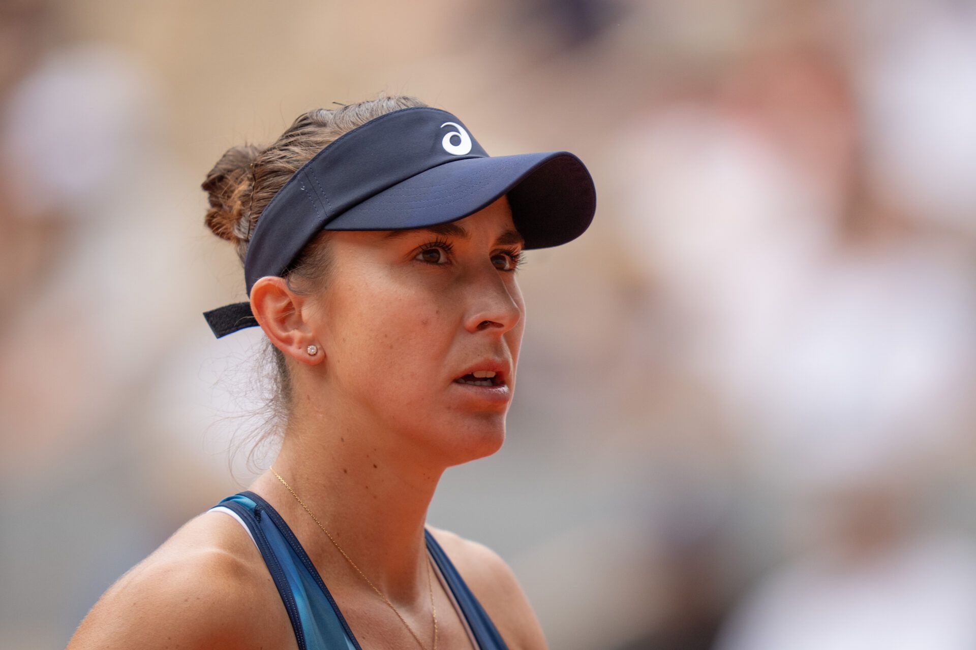 Belinda Bencic of Switzerland  during her match against Elina Svitolina of Ukraine on day eight at Stade Roland Garros.