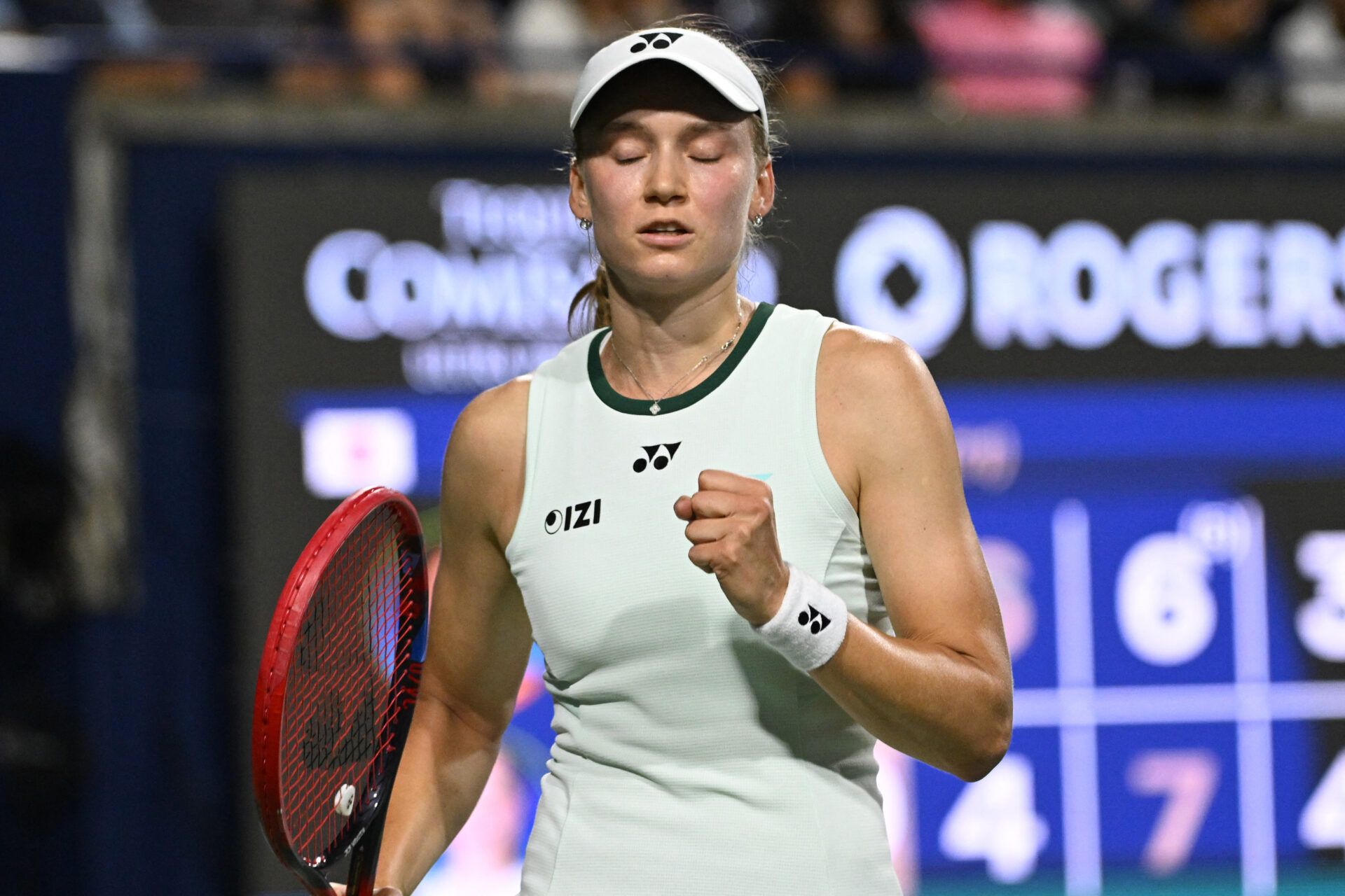 Elena Rybakina (KAZ) reacts after winning a game against Naomi Osaka (JPN) during quarter final play at Sobeys Stadium.