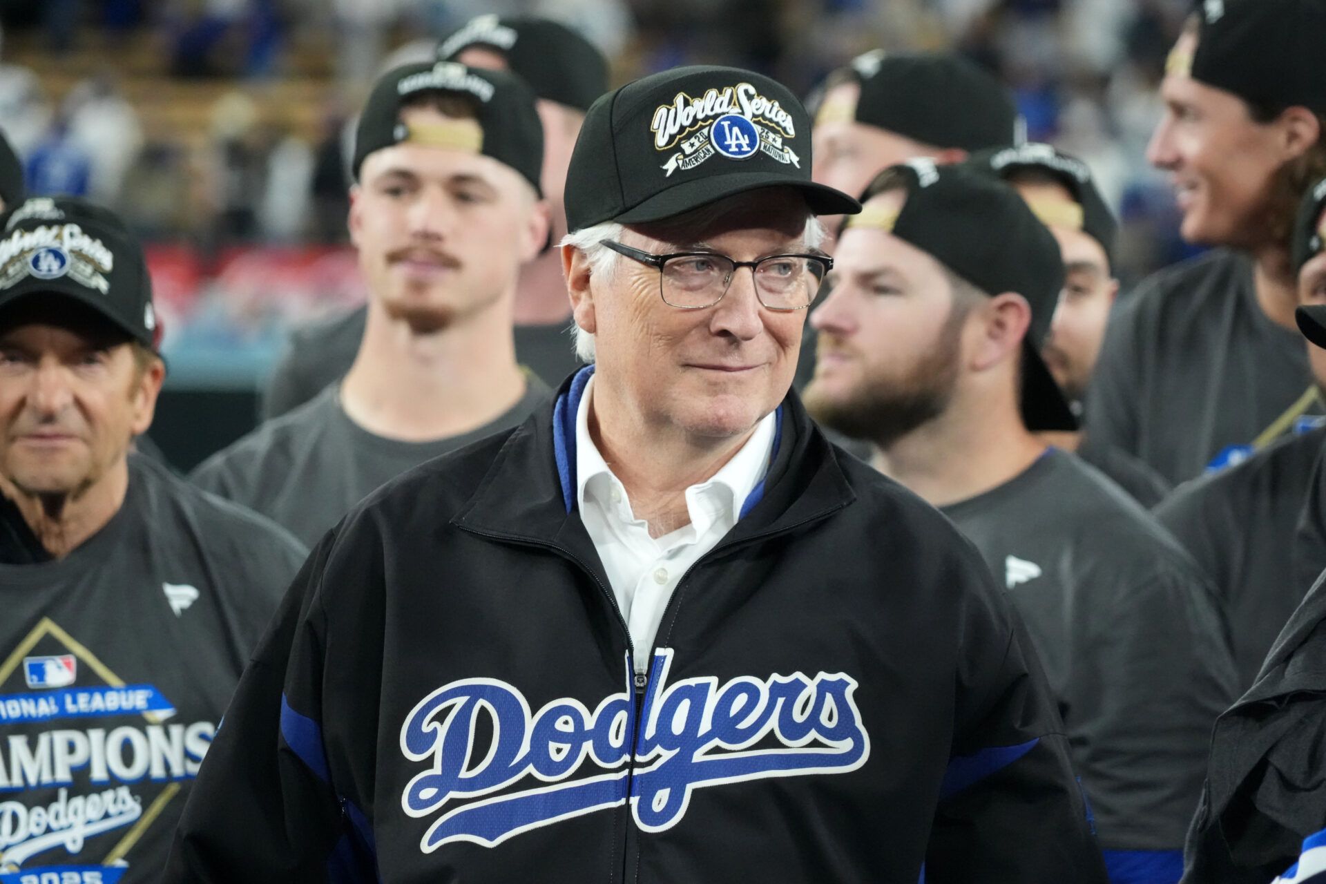 Los Angeles Dodgers owner Mark Walter reacts after game four of the NLCS round for the 2025 MLB playoffs against the Milwaukee Brewers at Dodger Stadium.