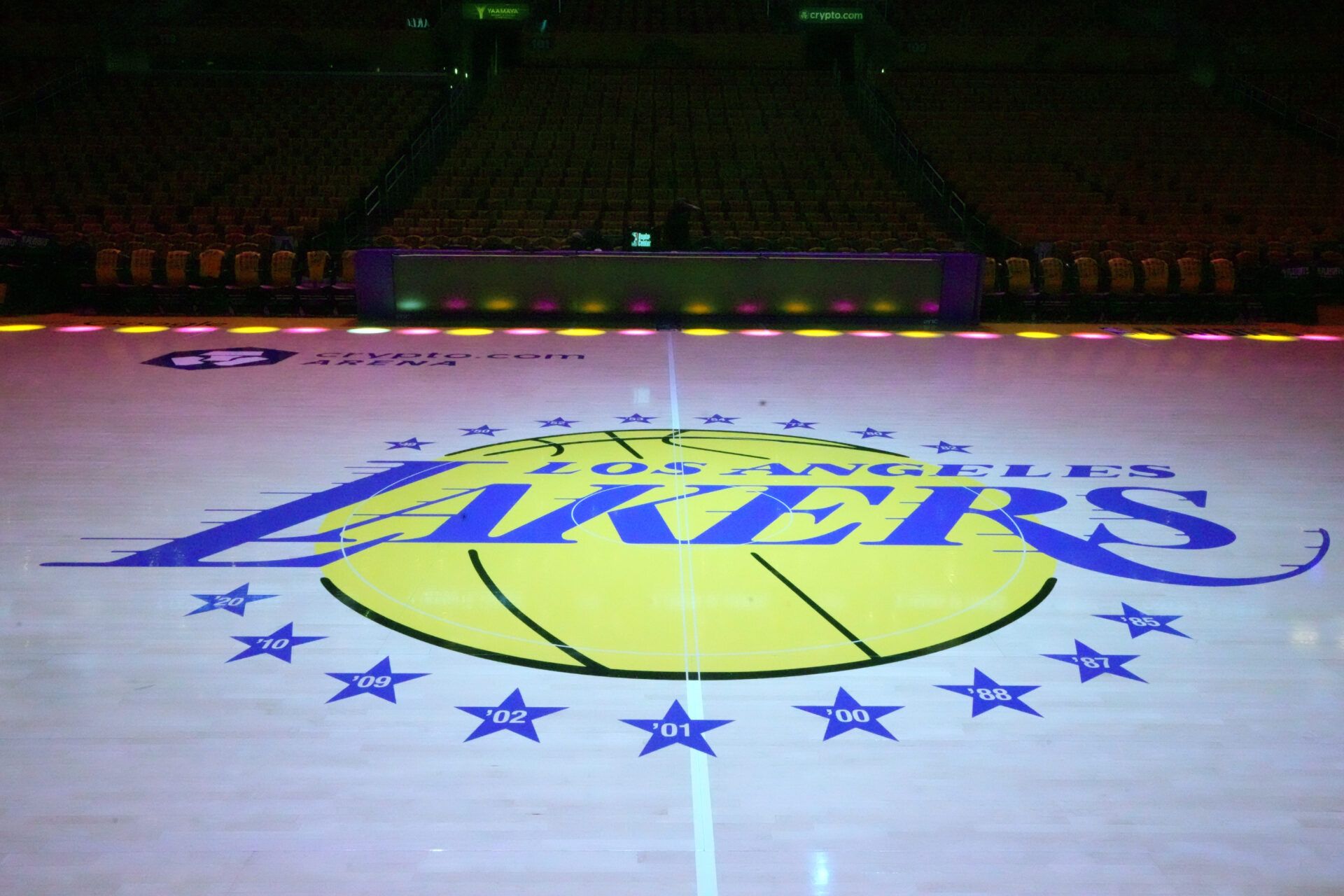 The Los Angeles Lakers logo at midcourt during game one of the first round of the 2026 NBA Playoffs against the Houston Rockets at Crypto.com Arena.