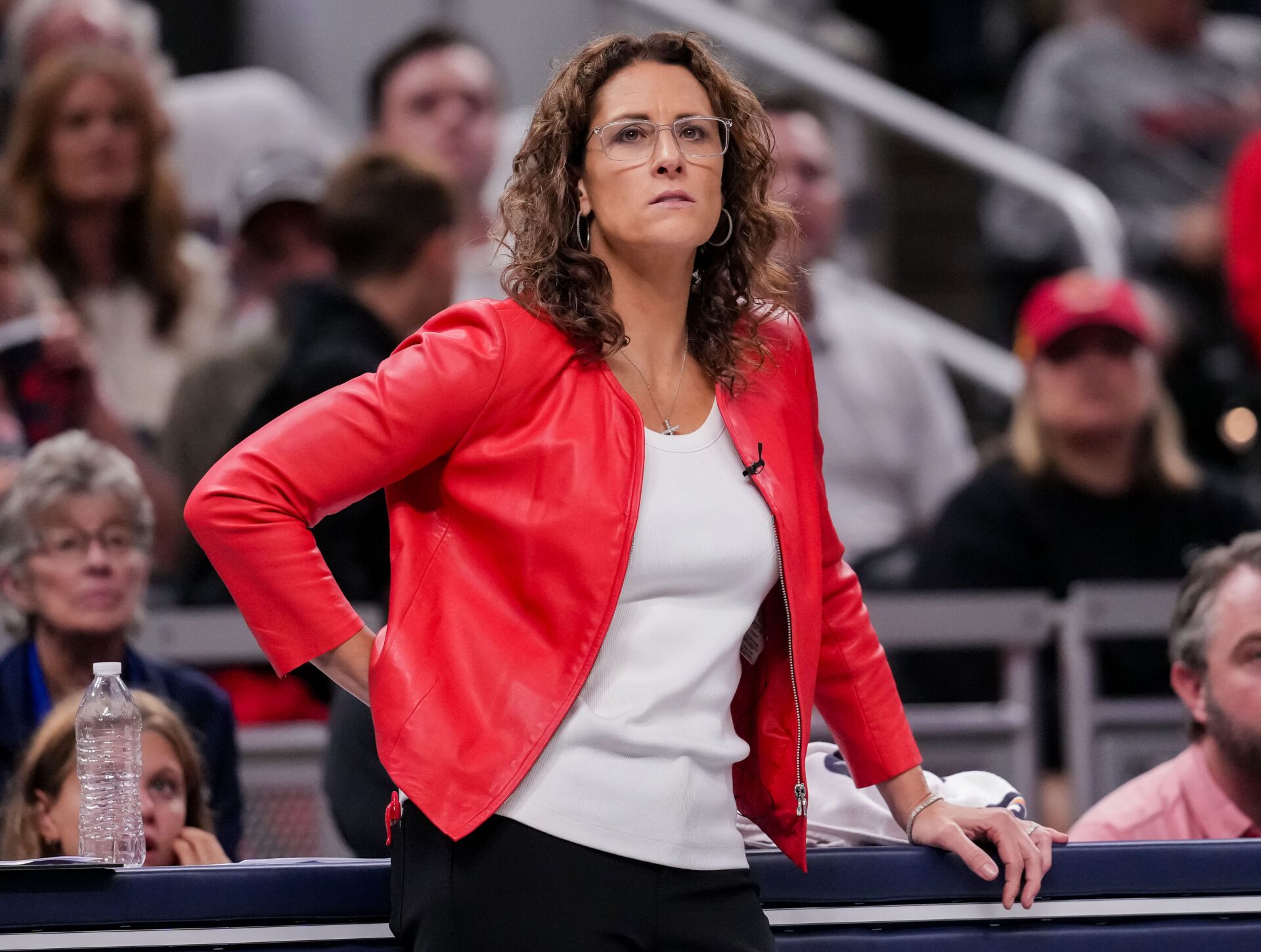 Indiana Fever head coach Stephanie White watches the game from the sidelines on Tuesday, Aug. 11, 2026, during the game at Gainbridge Fieldhouse in Indianapolis.