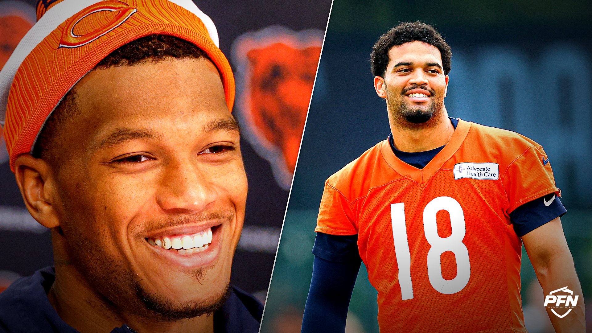Buffalo Bills wide receiver DJ Moore and Chicago Bears quarterback Caleb Williams.