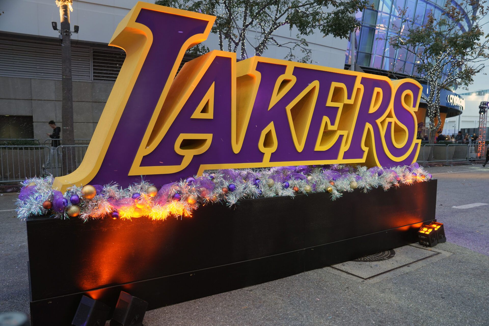 The Los Angeles Lakers logo outside of Crypto.com Arena.