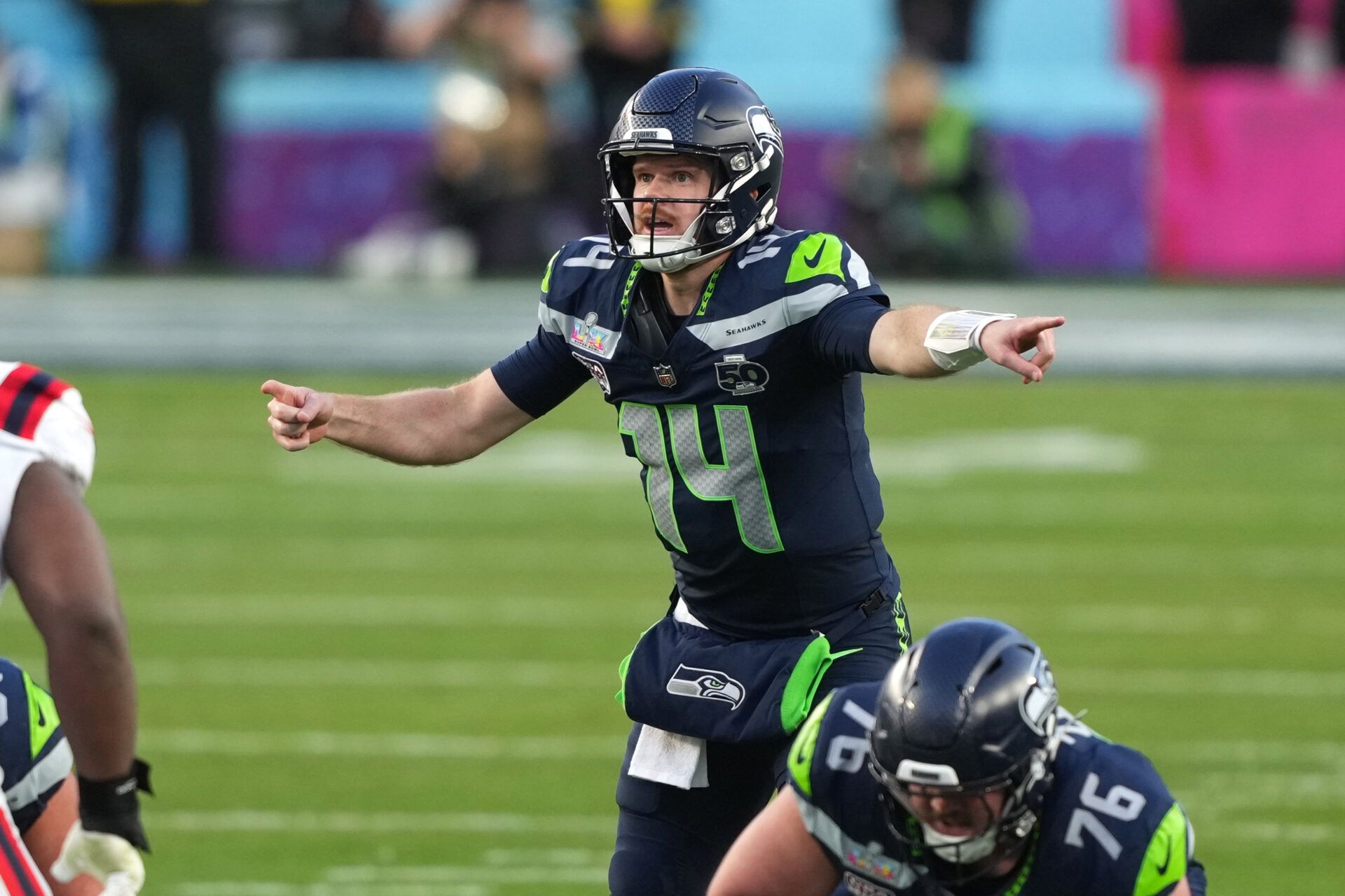 Seattle Seahawks quarterback Sam Darnold (14) gestures during the second quarter in Super Bowl LX against the New England Patriots at Levi's Stadium.