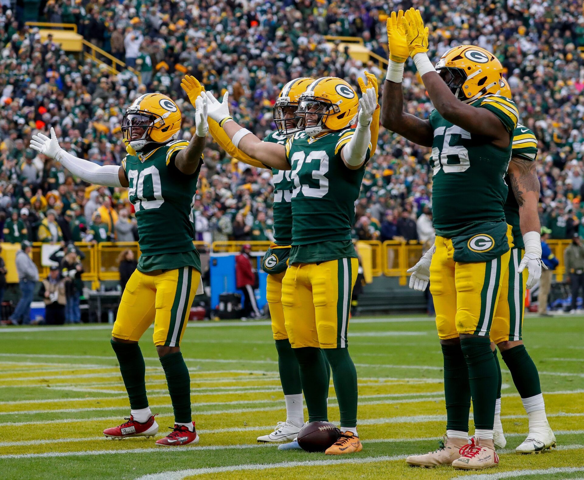 Green Bay Packers safeties Javon Bullard (20), Evan Williams (33), and Xavier McKinney (29) and linebacker Edgerrin Cooper (56) lead Packers fans in a mock Skol chant after Williams intercepts a pass against the Minnesota Vikings on Sunday, November 23, 2025, at Lambeau Field in Green Bay, Wis. The Packers won the game, 23-6.
Tork Mason/USA TODAY NETWORK-Wisconsin