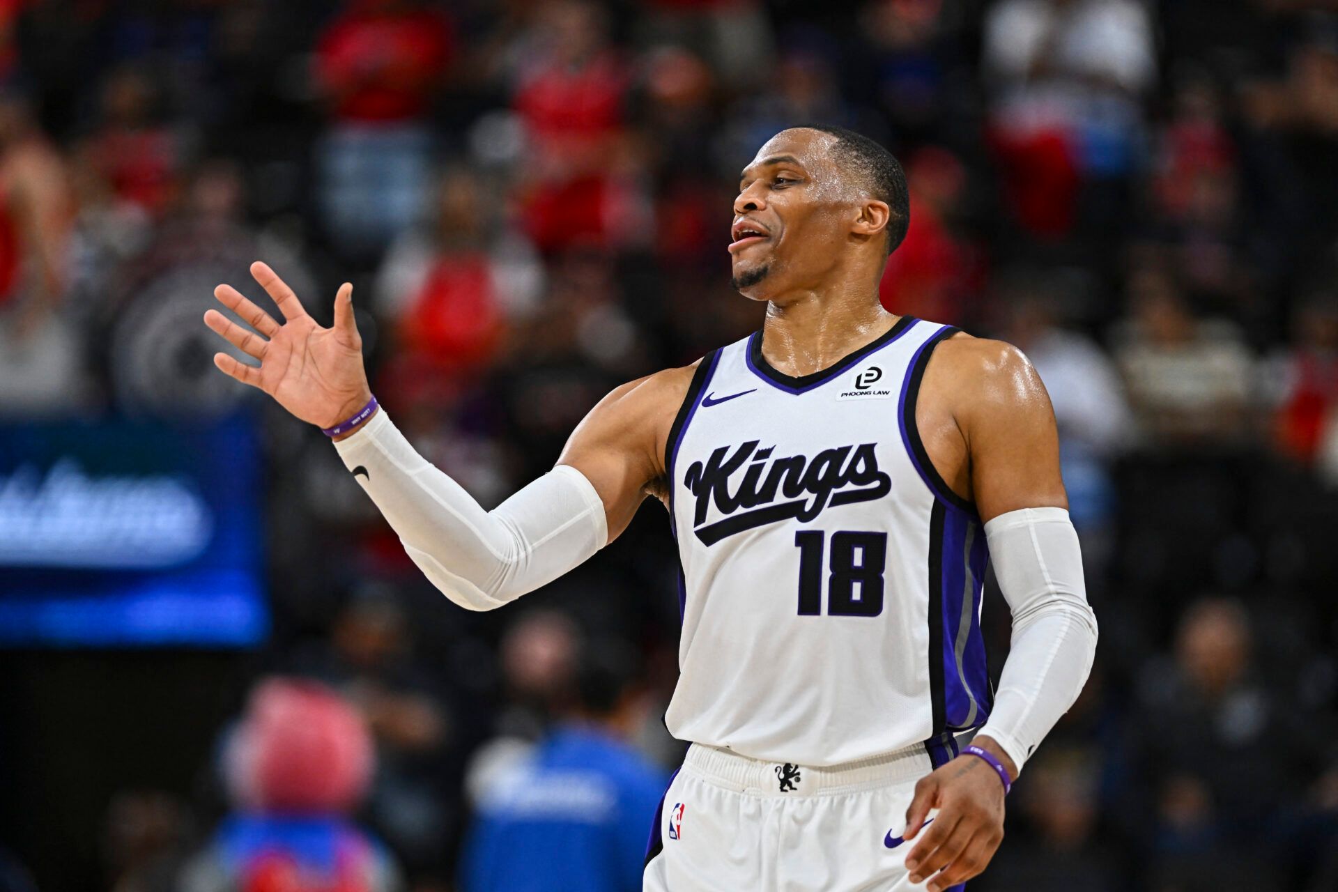 Sacramento Kings guard Russell Westbrook (18) gestures against the LA Clippers during the second half at Intuit Dome.