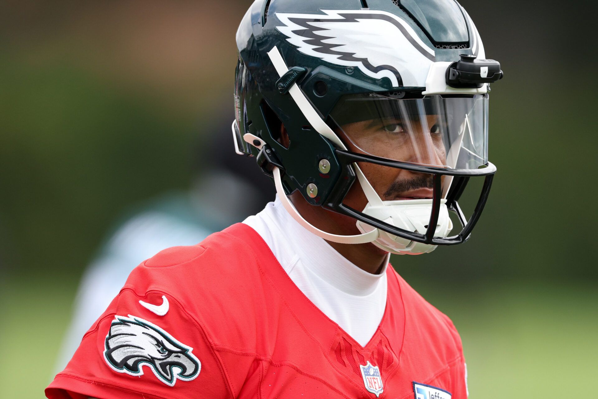 Philadelphia Eagles quarterback Jalen Hurts (1) looks on during training camp at Jefferson Health Training Complex.