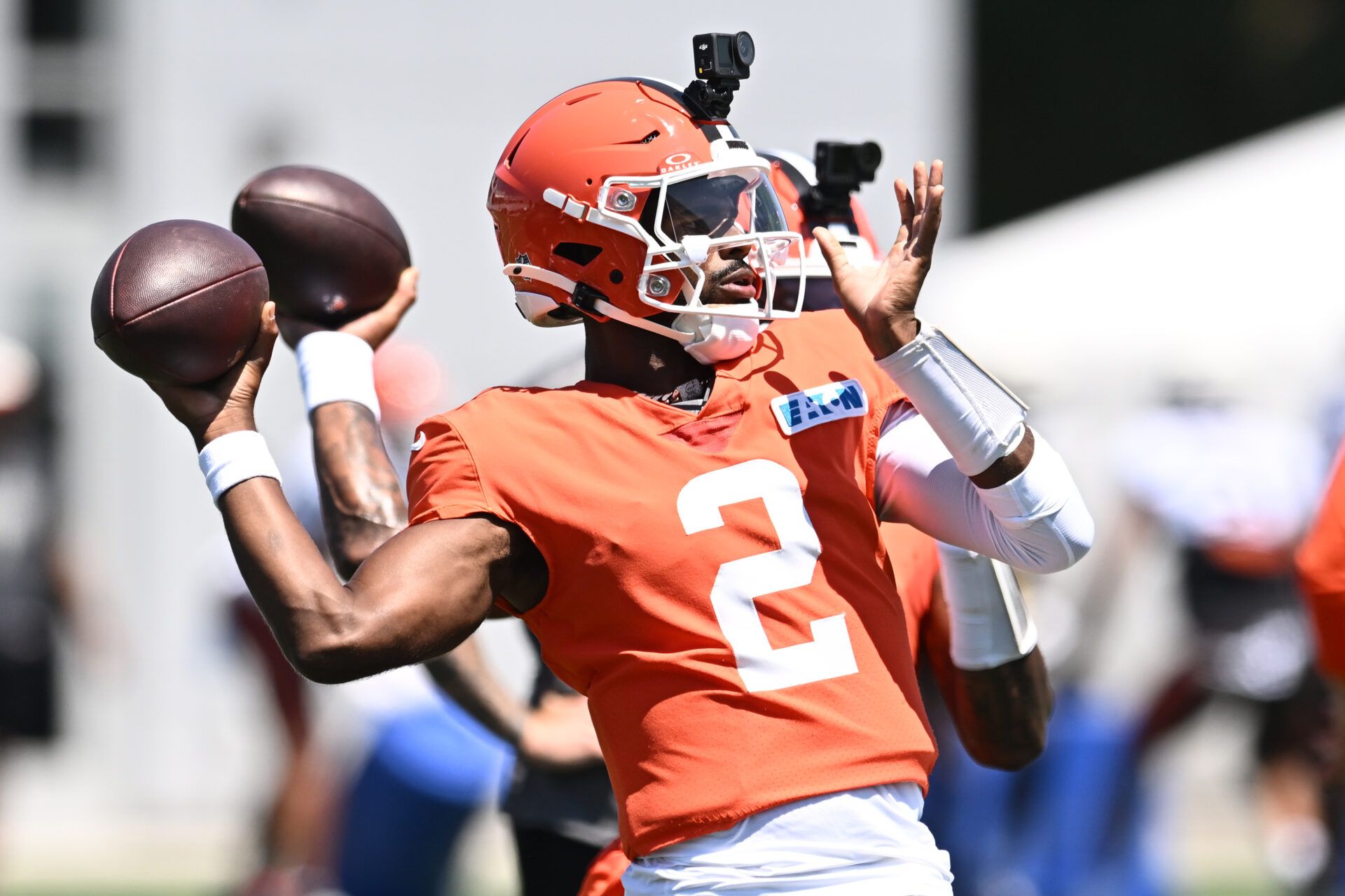 Cleveland Browns quarterback Shedeur Sanders (2) throws a pass during training camp at CrossCountry Mortgage Campus.