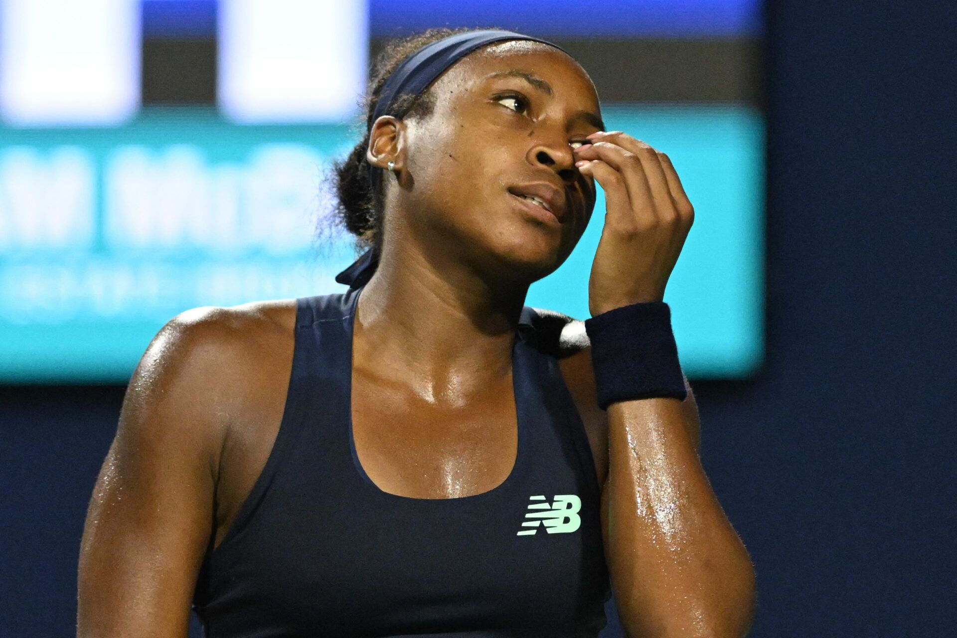 Coco Gauff (USA) reacts after losing a point against Elena Rybakina (KAZ)during semi-final play at Sobeys Stadium.