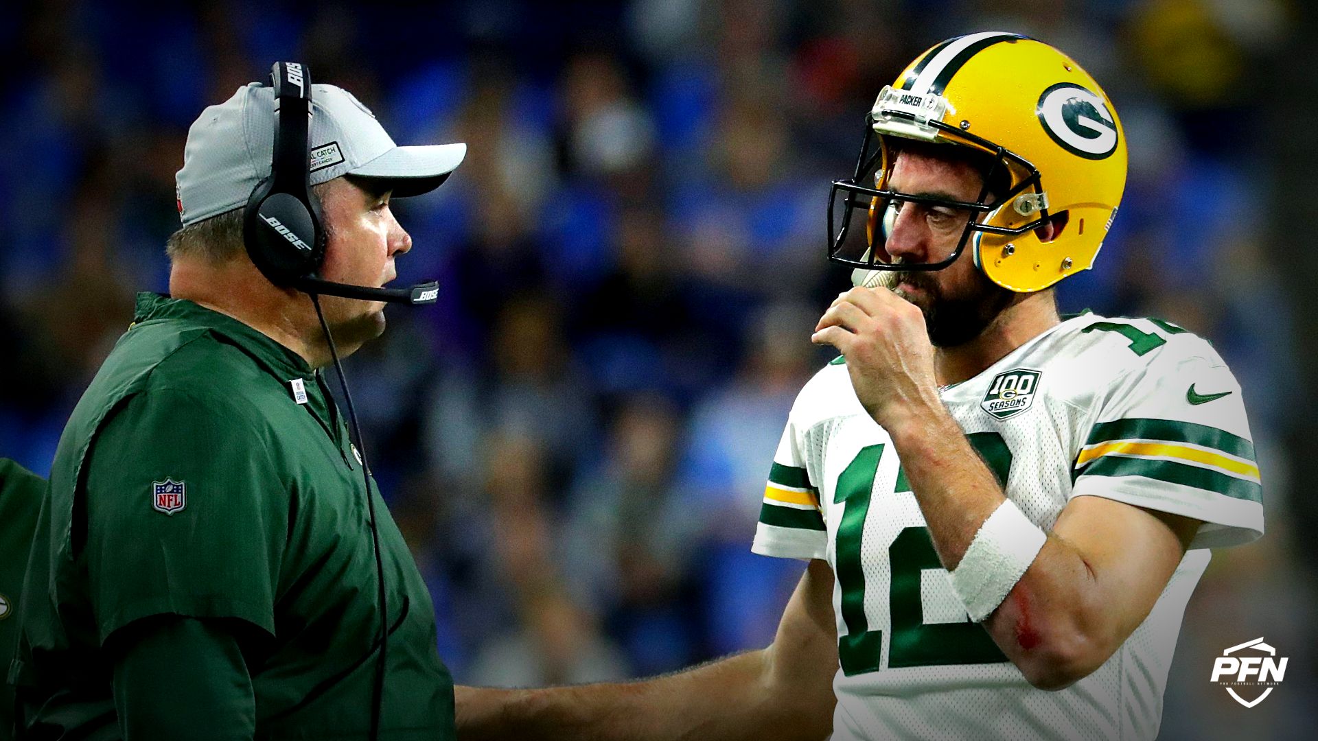 Coach Mike McCarthy talks with Green Bay Packers quarterback Aaron Rodgers (12) during a second half break during the Green Bay Packers 31-23 loss to the Detroit Lions at Ford Field, Detroit, Sunday, October 7, 2018.   Rick Wood/Milwaukee Journal Sentinel. USA Packlions 33ofx Wood