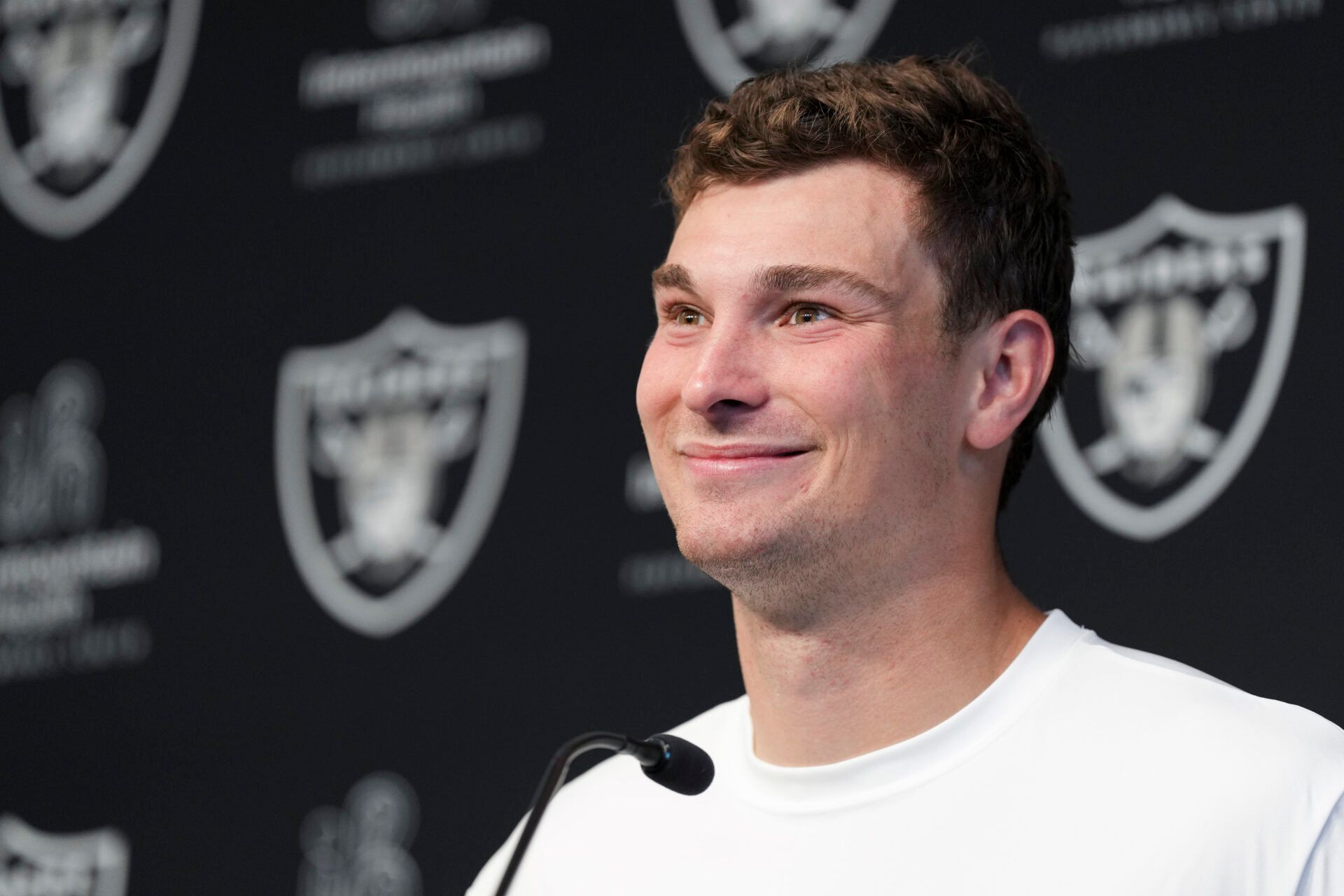 Las Vegas Raiders quarterback Fernando Mendoza (15) speaks during a news conference at the team’s Rookie Minicamp at Intermountain Health Performance Center.