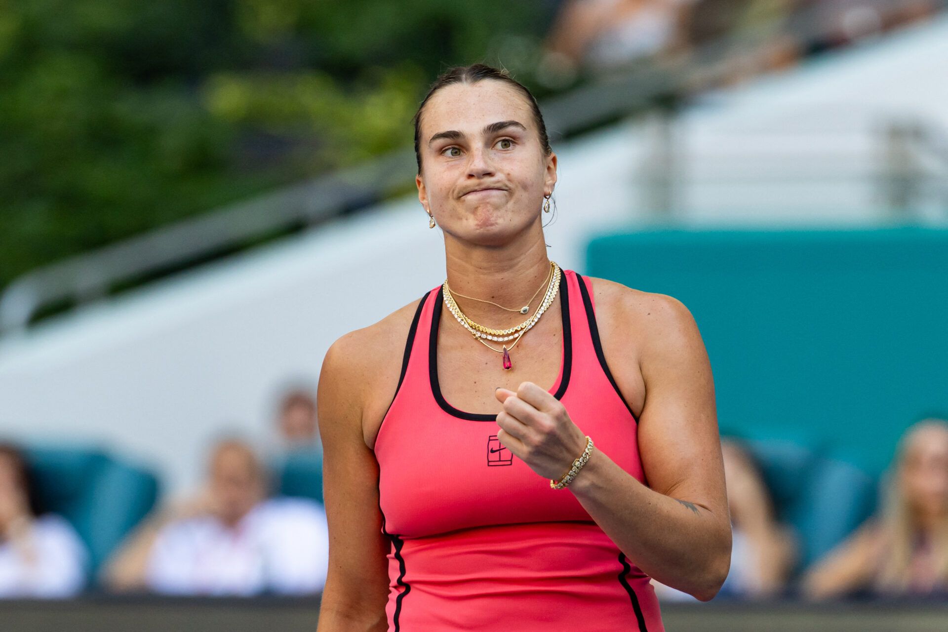 Aryna Sabalenka of Belarus reacts during her match against Coco Gauff of the United States in the final of the women’s singles at the Hard Rock Stadium.