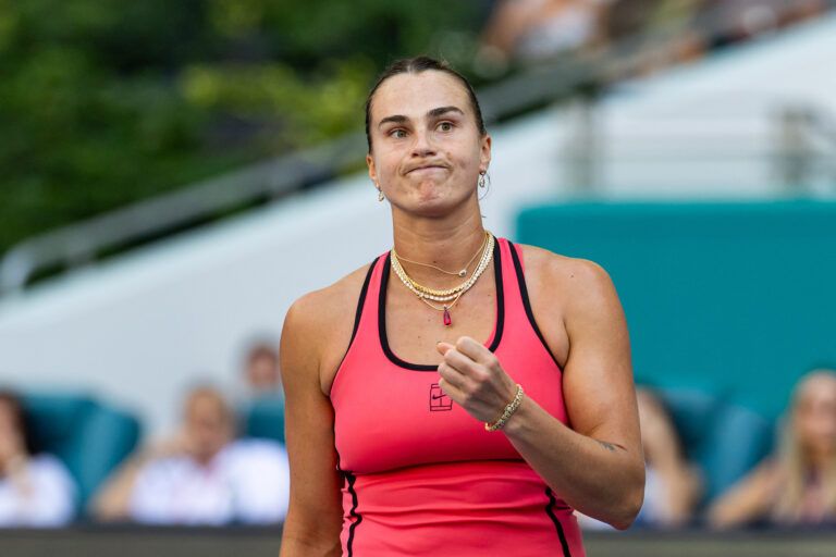 Aryna Sabalenka of Belarus reacts during her match against Coco Gauff of the United States in the final of the women’s singles at the Hard Rock Stadium.