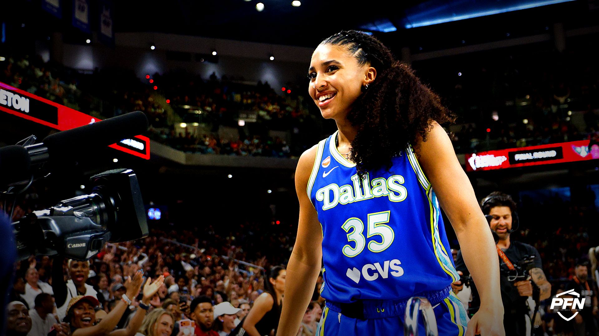 Dallas Wings guard Azzi Fudd (35) reacts during the 2026 State Farm WNBA 3-Point Contest trophy at Wintrust Arena.