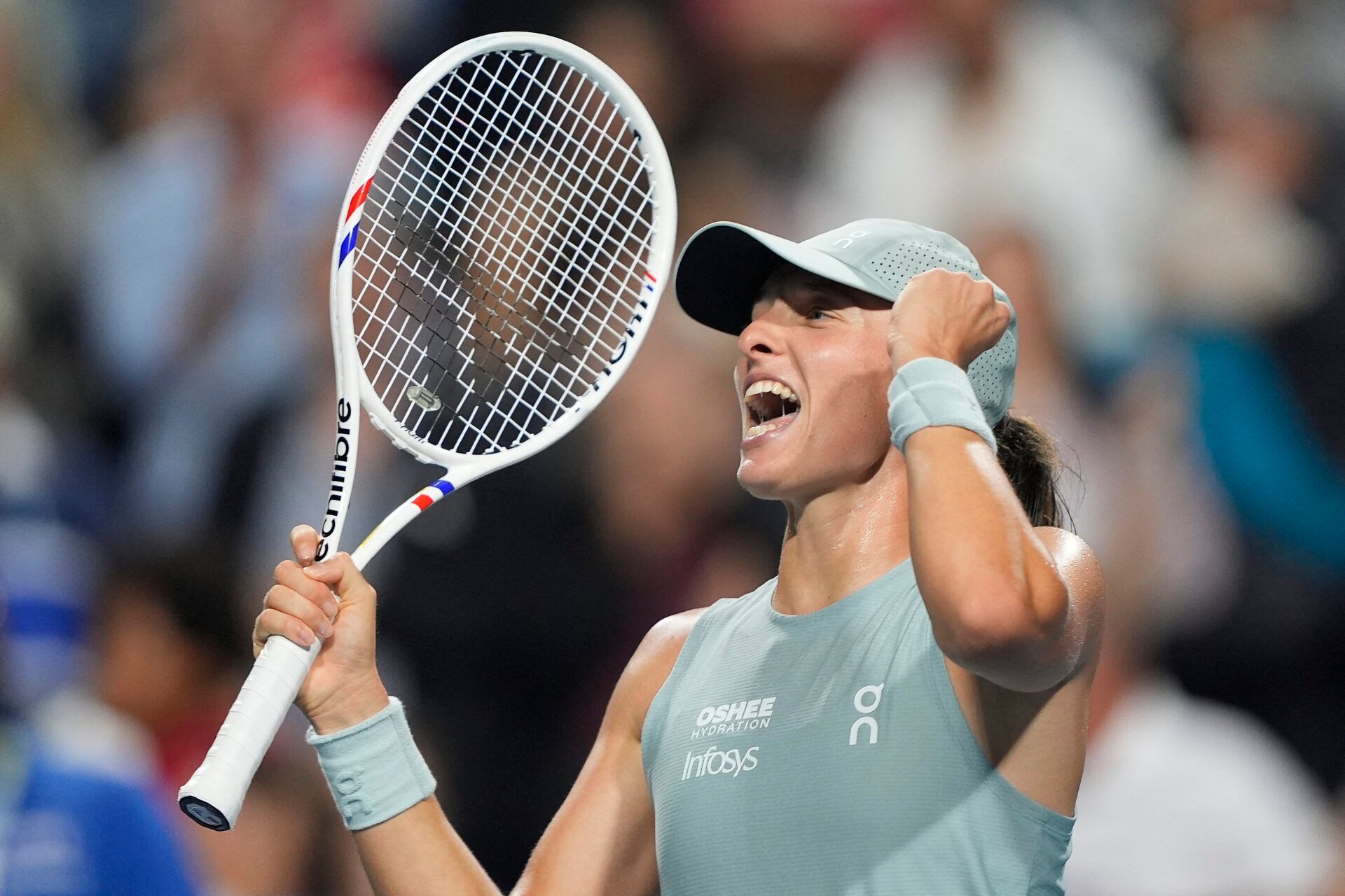 Iga Swiatek (POL) reacts after defeating Elina Svitolina (not pictured) in their semi final match at the National Bank Open at Sobeys Stadium.