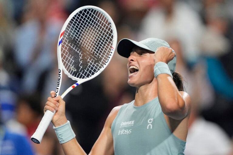 Iga Swiatek (POL) reacts after defeating Elina Svitolina (not pictured) in their semi final match at the National Bank Open at Sobeys Stadium.