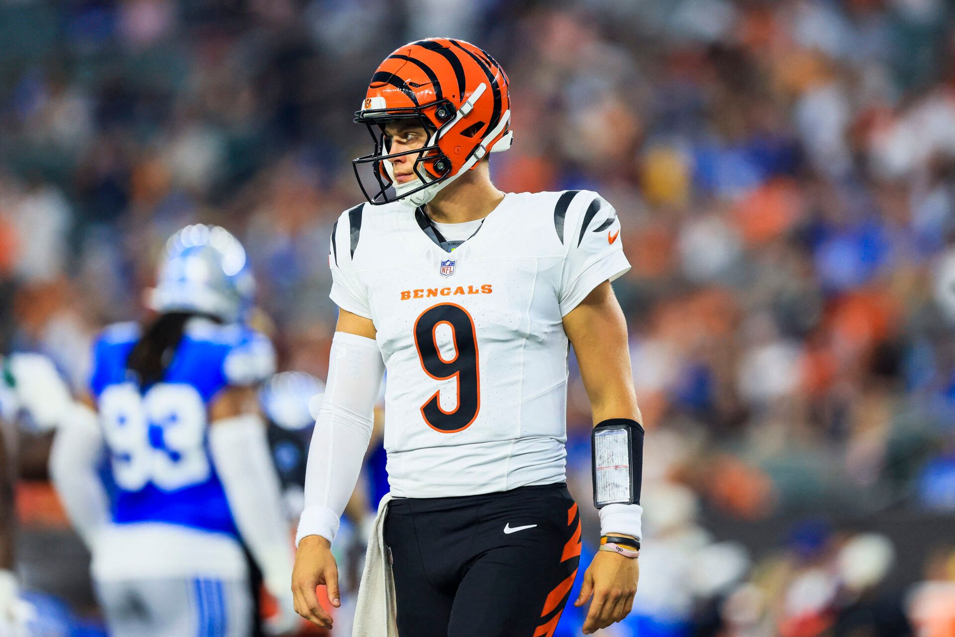 Cincinnati Bengals quarterback Joe Burrow (9) stands on the field during a stop in play in the first half against the Detroit Lions at Paycor Stadium.