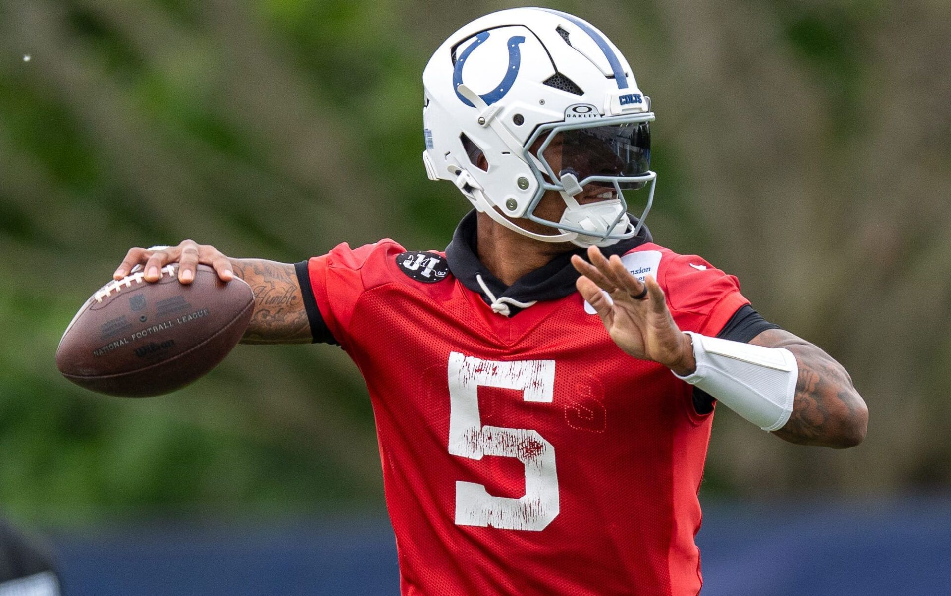 Indianapolis Colts quarterback Anthony Richardson Sr. (5) throws Monday, June 1, 2026, during practice at the Indiana Farm Bureau Football Center.