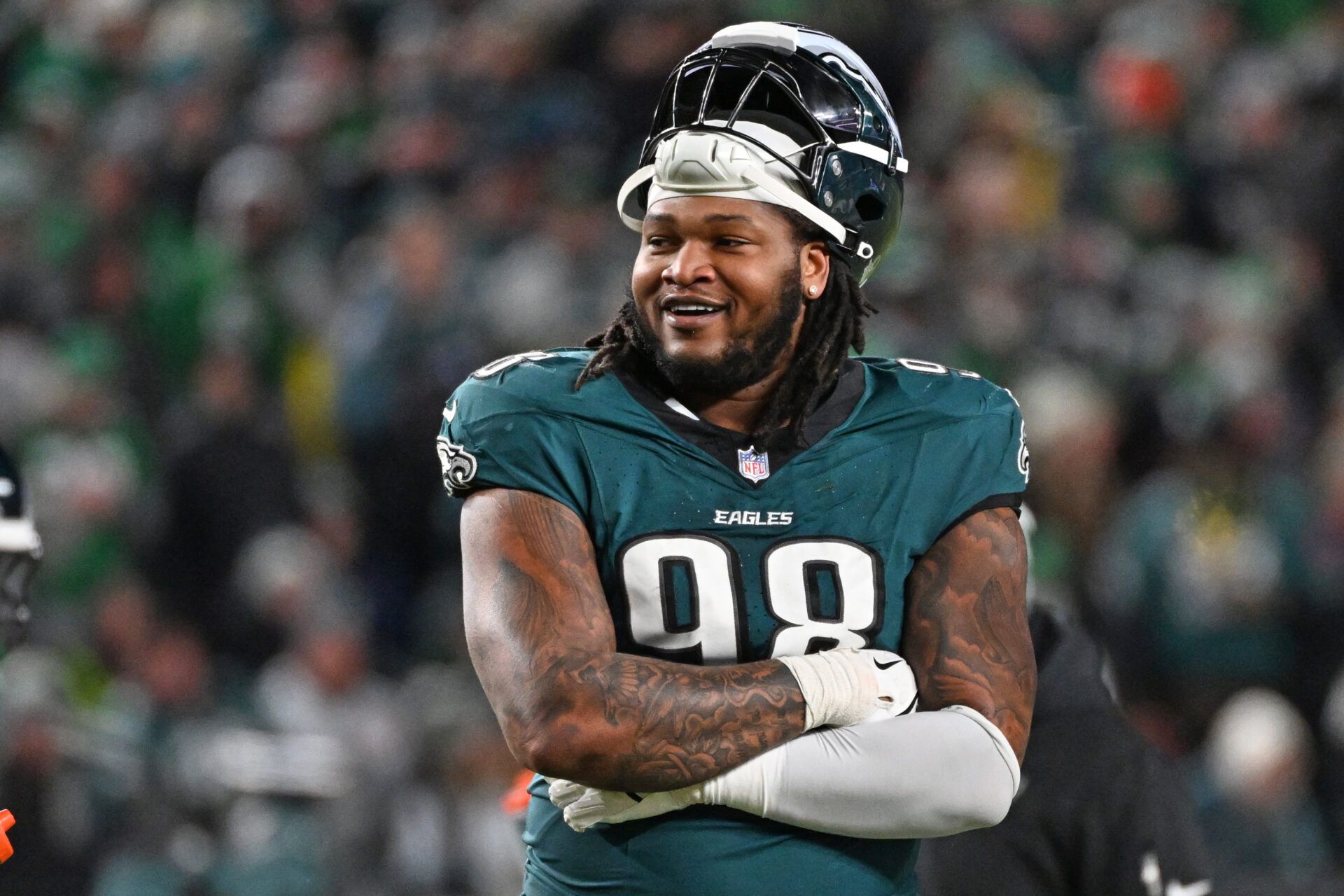 Philadelphia Eagles defensive tackle Jalen Carter (98) against the San Francisco 49ers  in an NFC Wild Card Round game at Lincoln Financial Field.