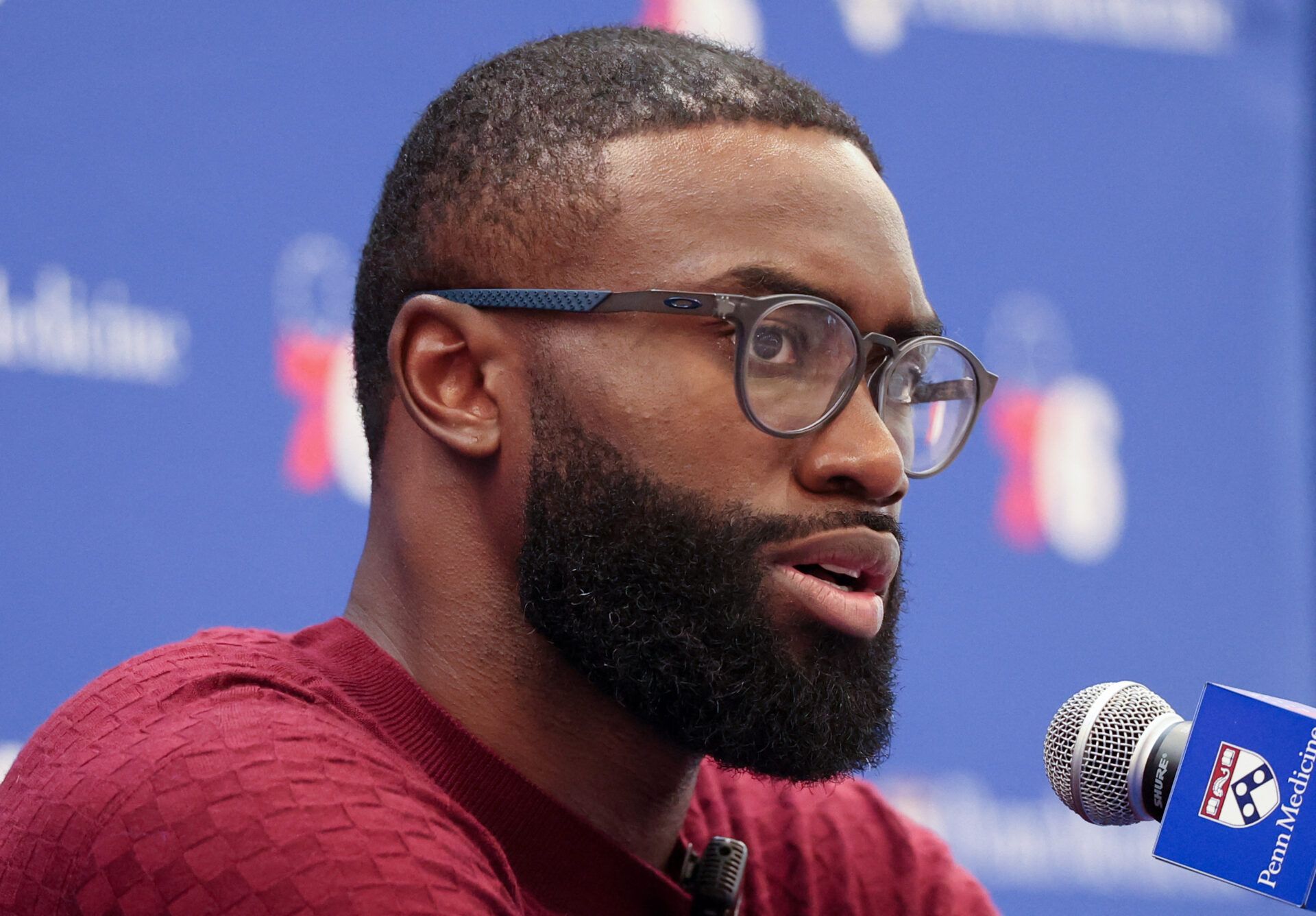 Philadelphia 76ers guard Jaylen Brown speaks with the media during his introductory press conference at the Francis J. Myers Recreation Center.