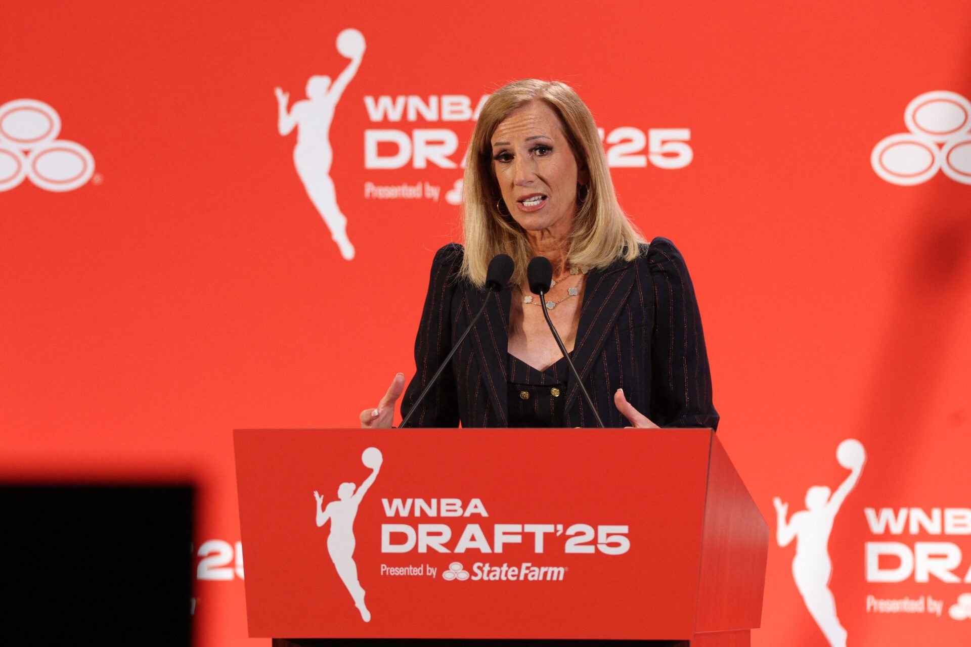 WNBA commissioner Cathy Engelbert talks to the media before the 2025 WNBA Draft at The Shed at Hudson Yards.