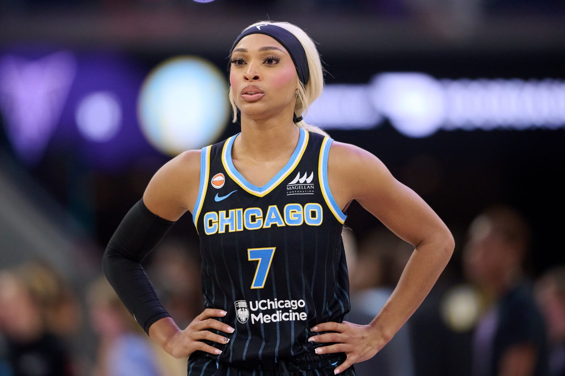 Chicago Sky guard DiJonai Carrington (7) looks on against the Golden State Valkyries during the fourth quarter at Chase Center.