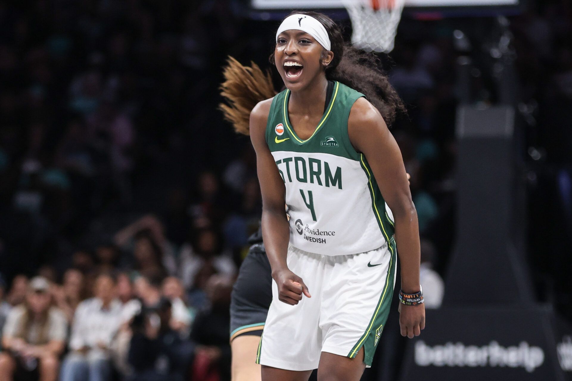 Seattle Storm guard Flau'jae Johnson (4) celebrates in the third quarter against the New York Liberty at Barclays Center.