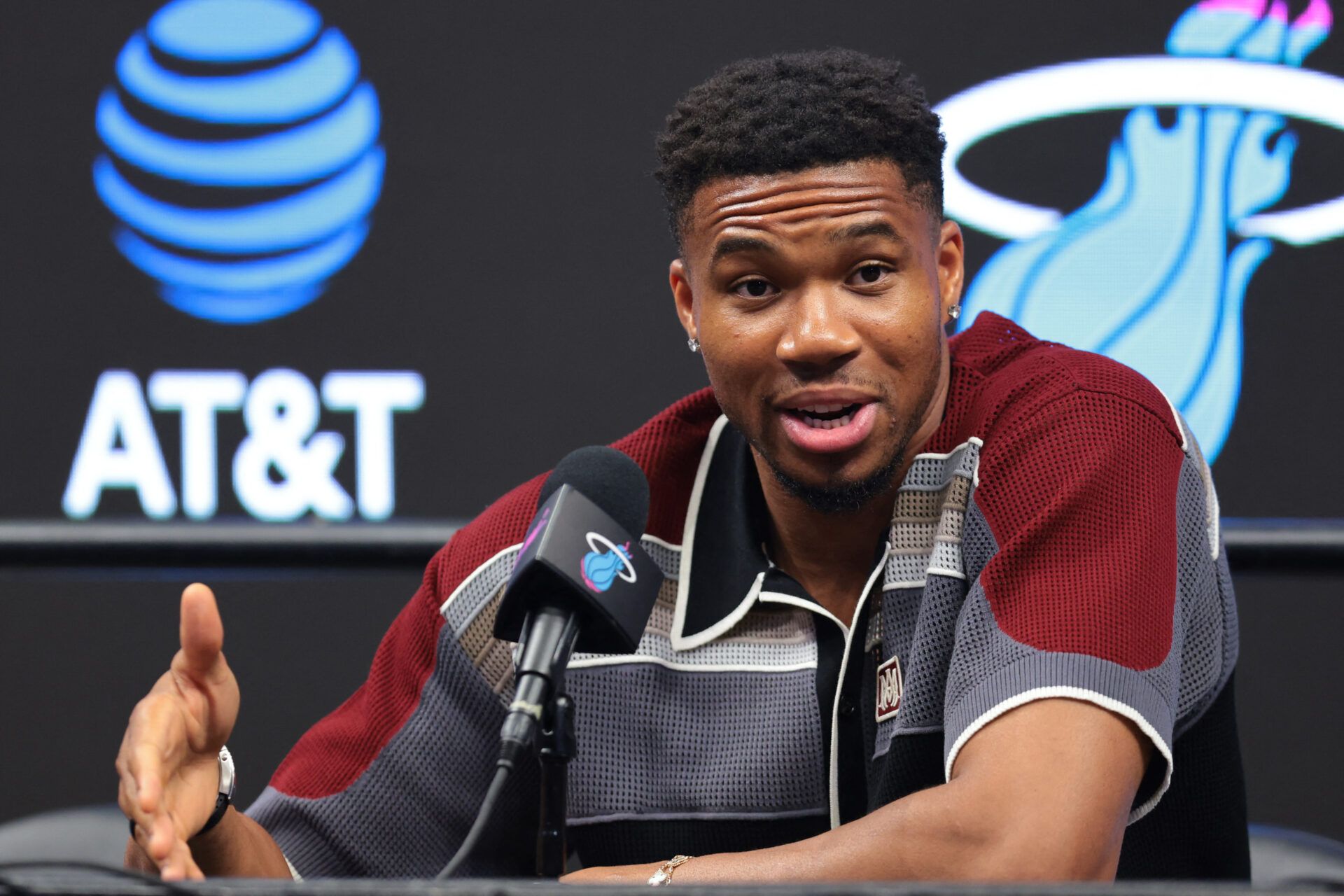 Miami Heat forward Giannis Antetokounmpo (7) speaks to reporters during his introductory press conference at Kaseya Center.