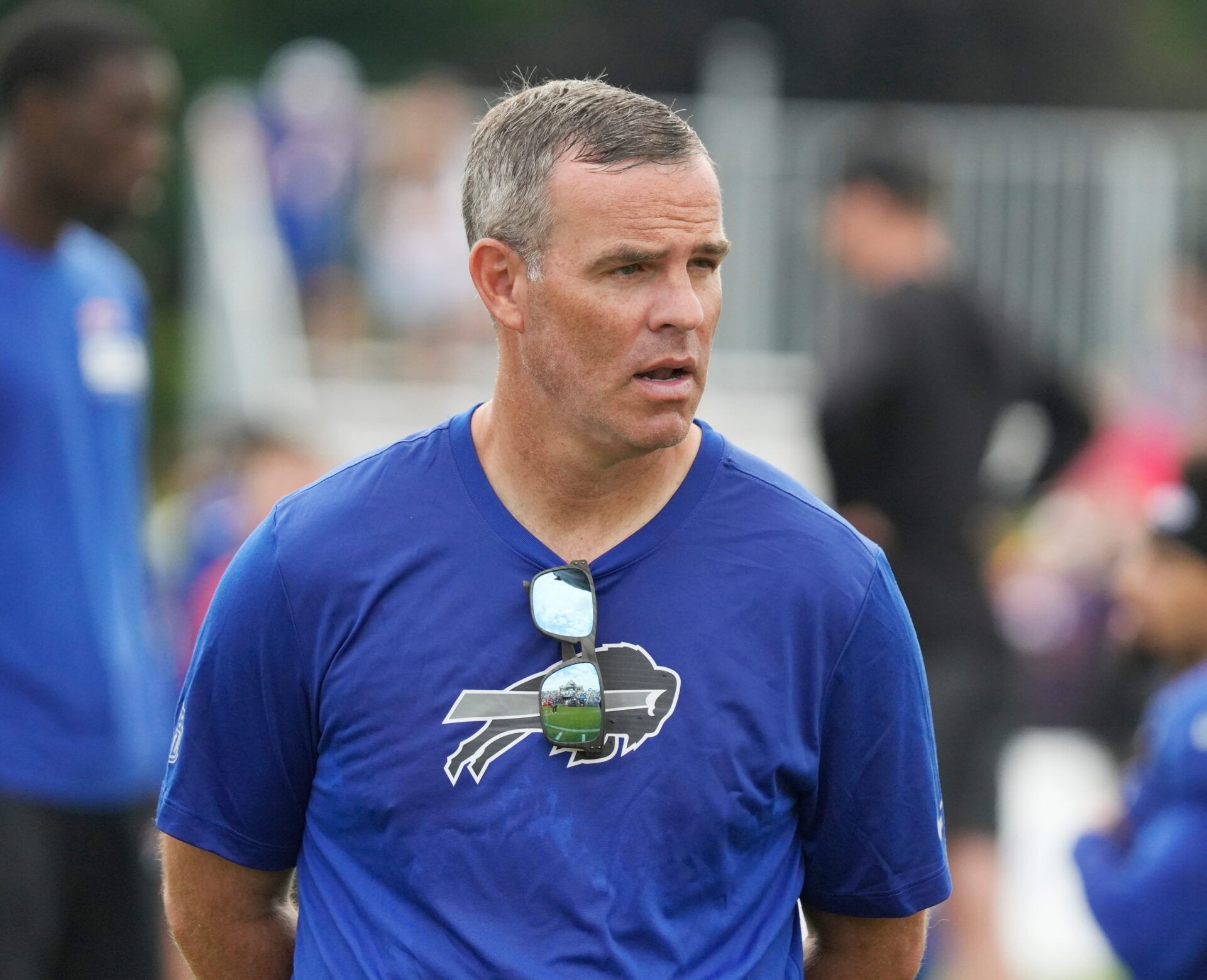 Bills general manager Brandon Beane looks on during day six of Buffalo Bills training camp at St. John Fisher University Thursday, August 5, 2026 in Pittsford.
