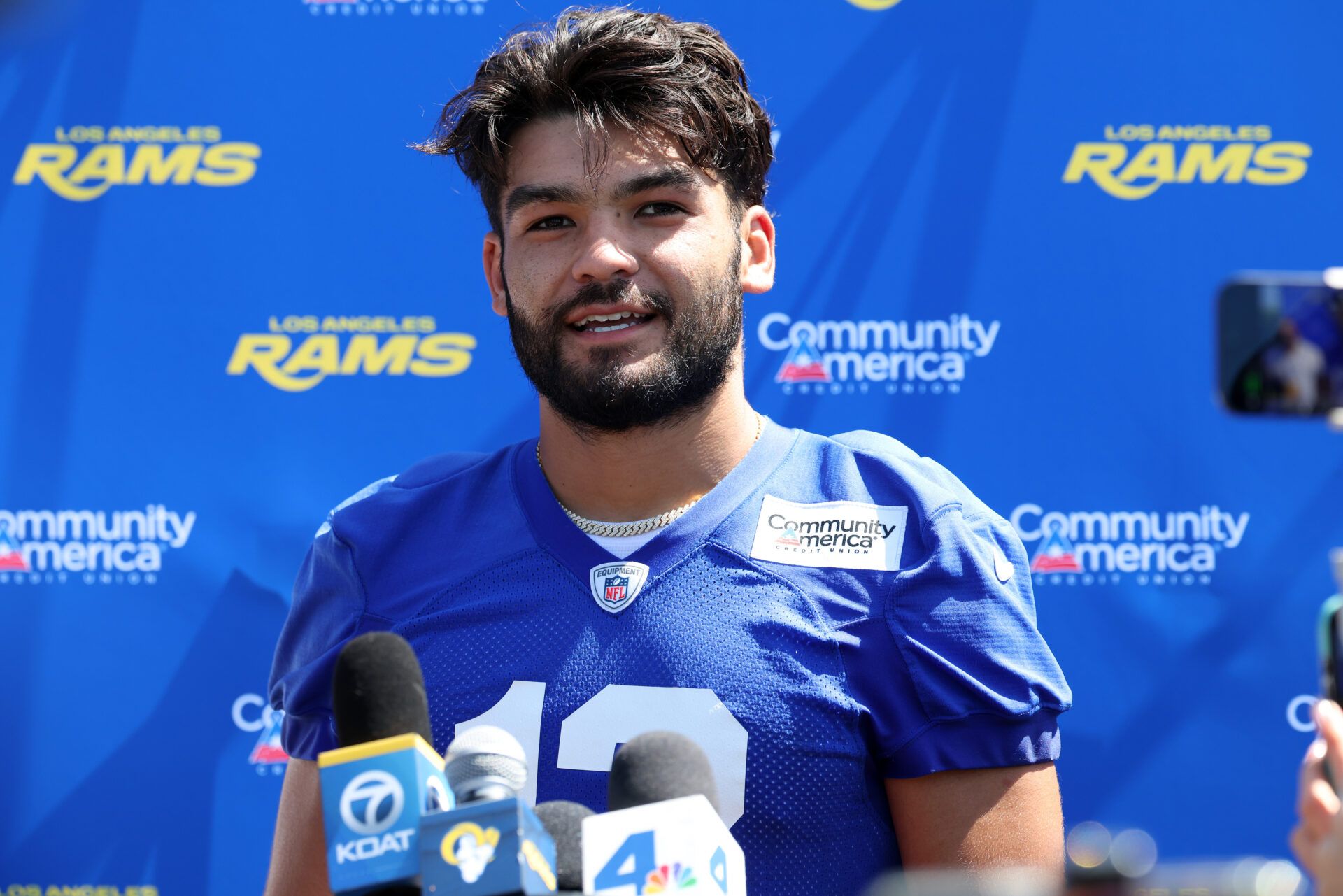 Los Angeles Rams  wide receiver Puka Nacua (12) speaks to media after training camp at Loyola Marymount University.