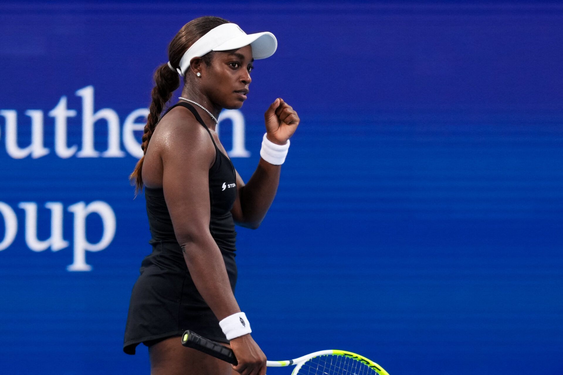Sloane Stephens (USA) reacts after returning a shot against Sinja Kraus (AUT) during the Cincinnati Open at Lindner Family Tennis Center.