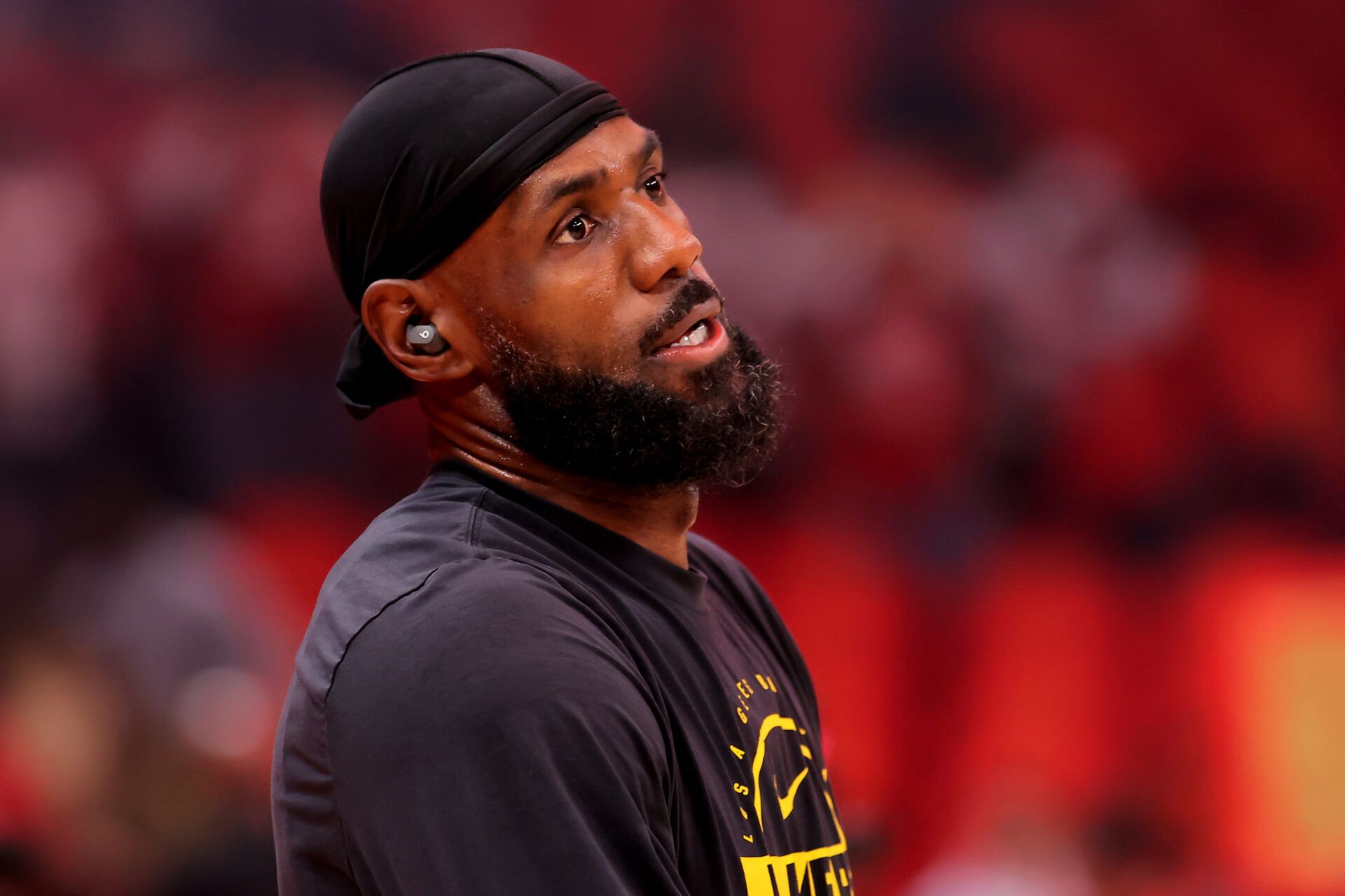 Los Angeles Lakers forward Lebron James (23) warms up prior to game six of the first round of the 2026 NBA Playoffs against the Houston Rockets at Toyota Center.