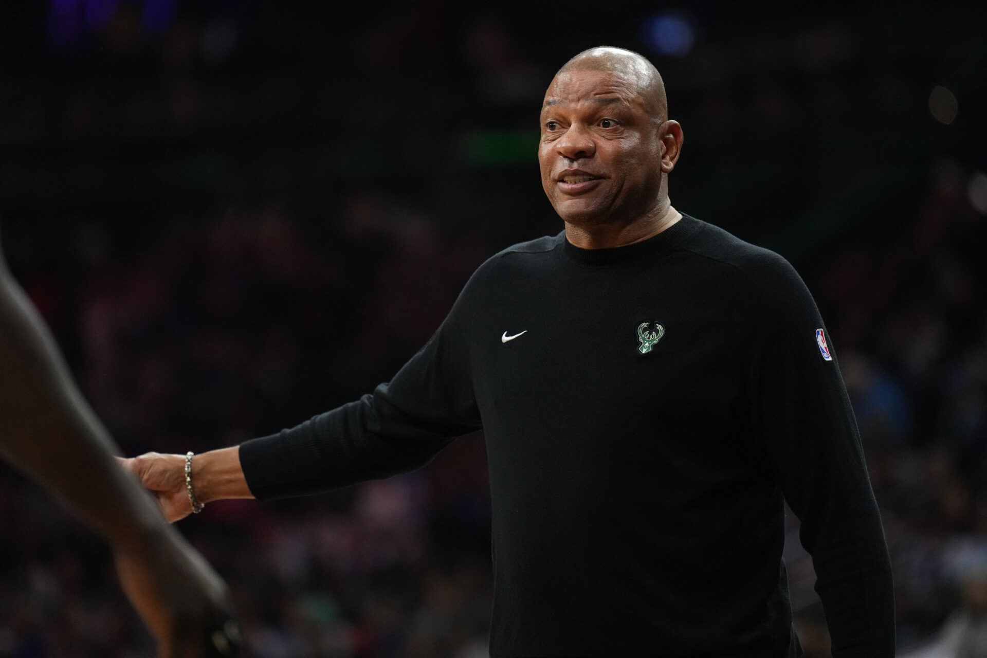Milwaukee Bucks head coach Doc Rivers reacts against the Philadelphia 76ers in the third quarter at Xfinity Mobile Arena.