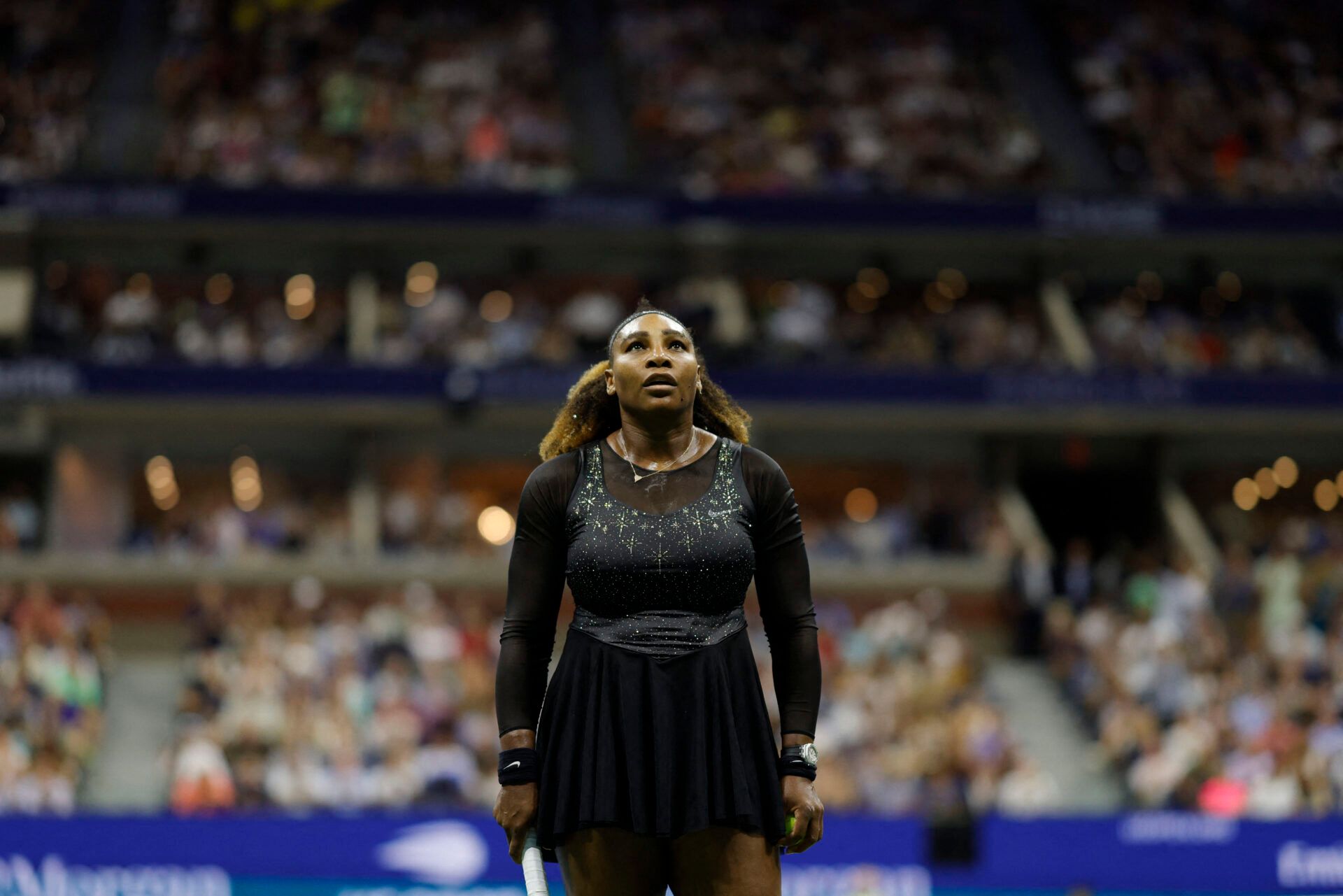 Serena Williams (USA) stands on the court between points against Anett Kontaveit (EST) (not pictured) on day three of the 2022 U.S. Open tennis tournament at USTA Billie Jean King Tennis Center.