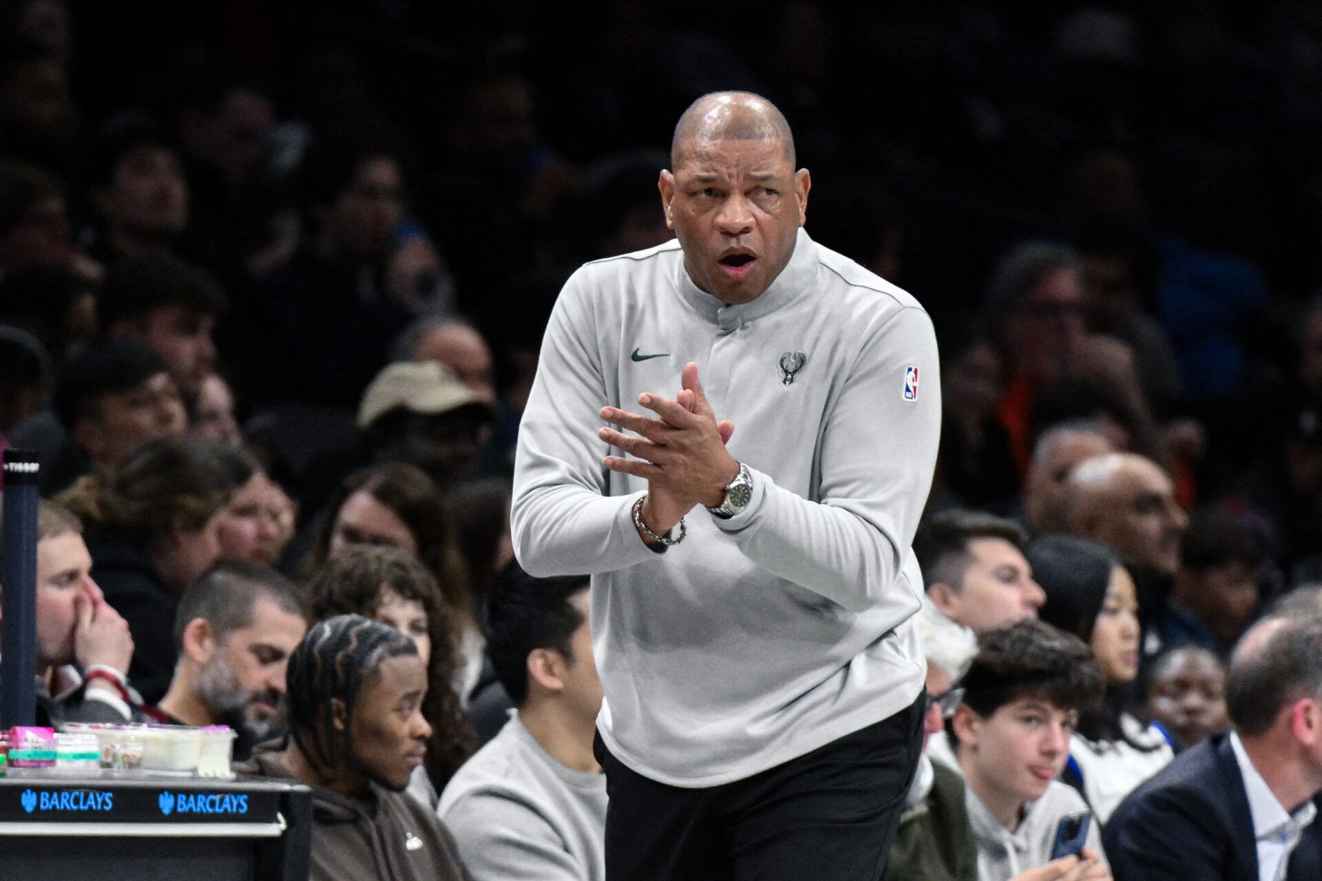 Milwaukee Bucks head coach Doc Rivers reacts during the first half against the Brooklyn Nets at Barclays Center.