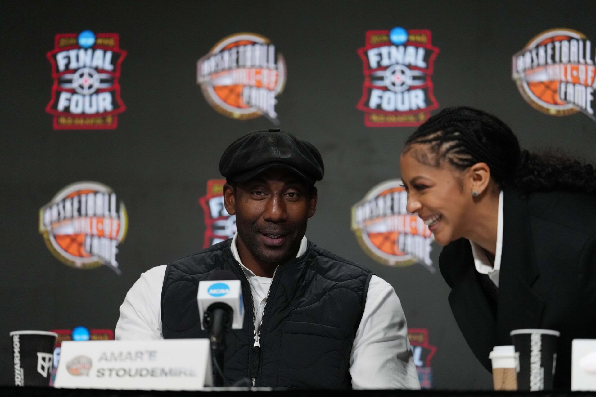 Amar’e Stoudemire and Candace Parker during the Naismith Hall of Fame press conference at Lucas Oil Stadium.