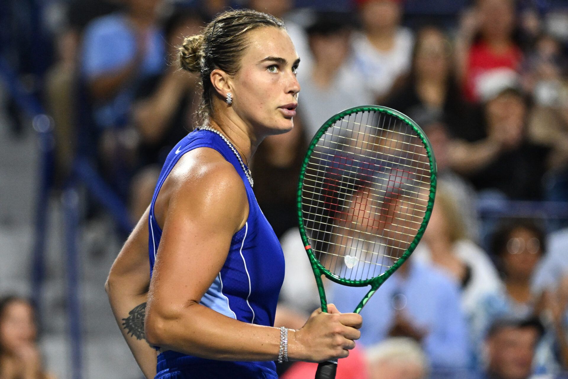 Aryna Sabalenka reacts after defeating Shuai Zhang (CHN) during third round play at Sobeys Stadium.