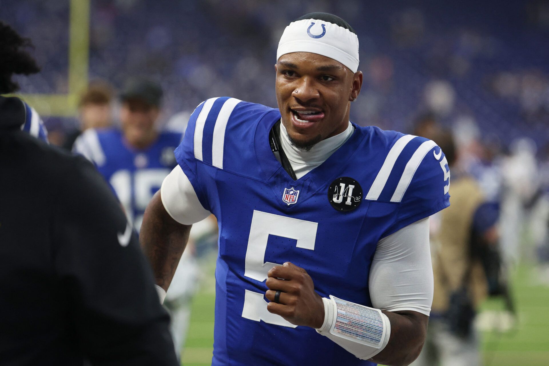 Indianapolis Colts quarterback Anthony Richardson (5) walks off the field after their win against the Las Vegas Raiders at Lucas Oil Stadium.