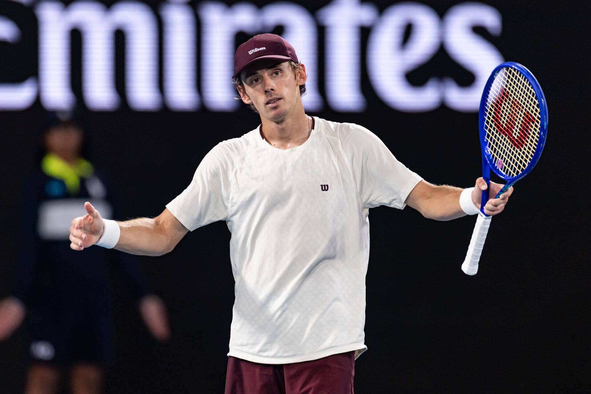 Alex de Minaur of Australia in action against Carlos Alcaraz of Spain in the quarterfinals of the men’s singles at the Australian Open at Rod Laver Arena in Melbourne Park.