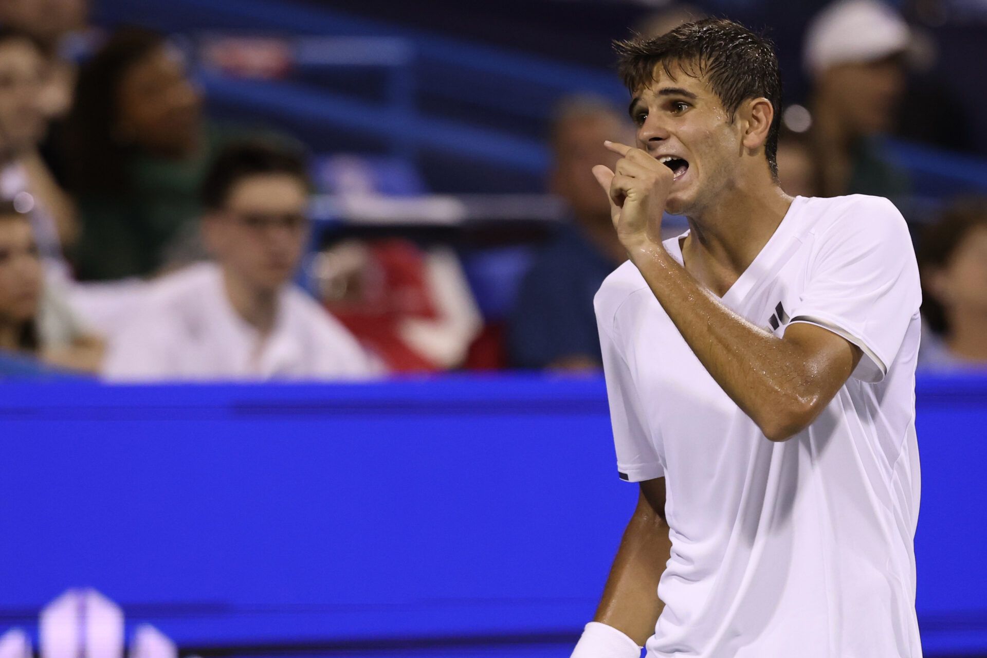 Rafael Jodar (ESP) reacts after missing a shot against Alejandro Tabilo (CHI) (not pictured) in a men's singles semifinal on day six of the 2026 Mubadala DC Open at Rock Creek Park Tennis Center.