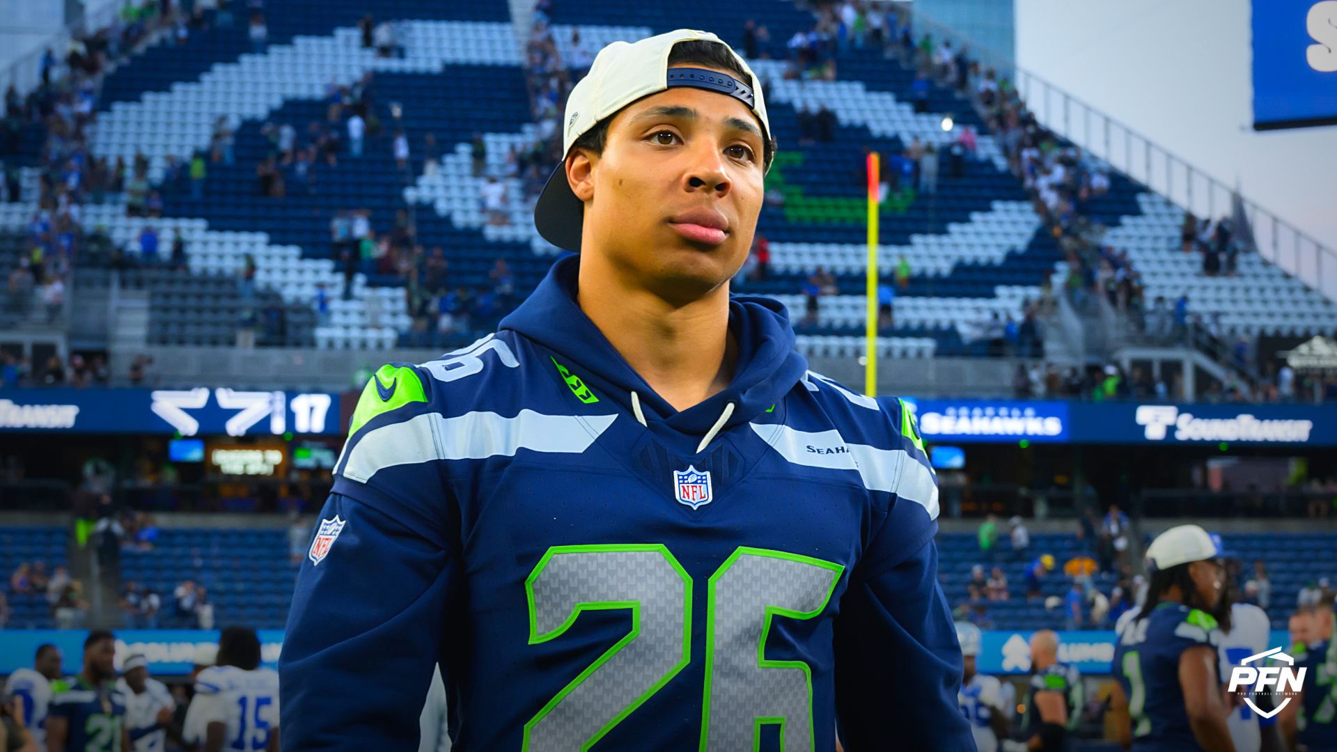 Seattle Seahawks running back Zach Charbonnet (26) after the game against the Dallas Cowboys at Lumen Field.