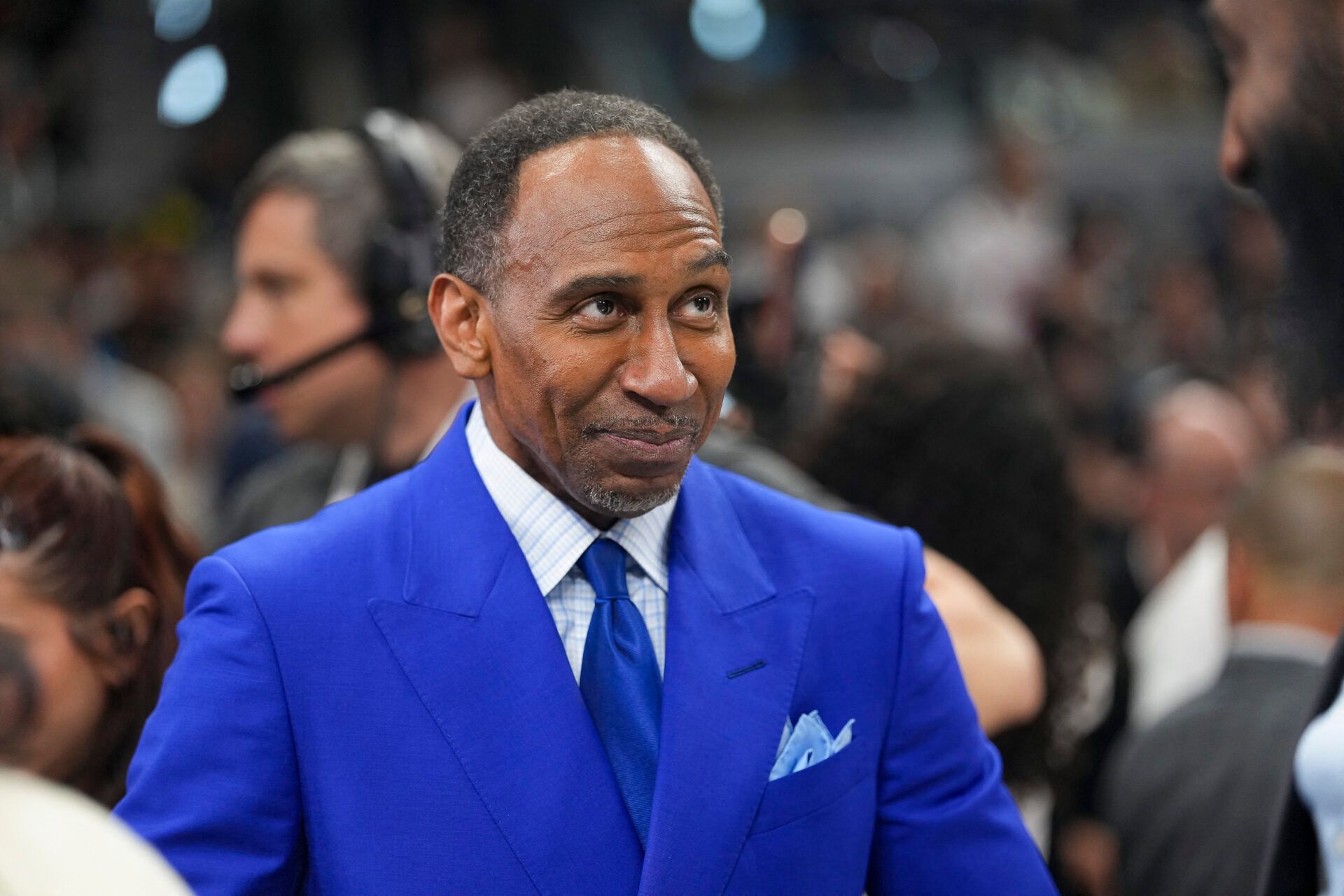 Stephen A. Smith looks on before the game between the San Antonio Spurs and the New York Knicks in game two of the 2026 NBA Finals at Frost Bank Center.