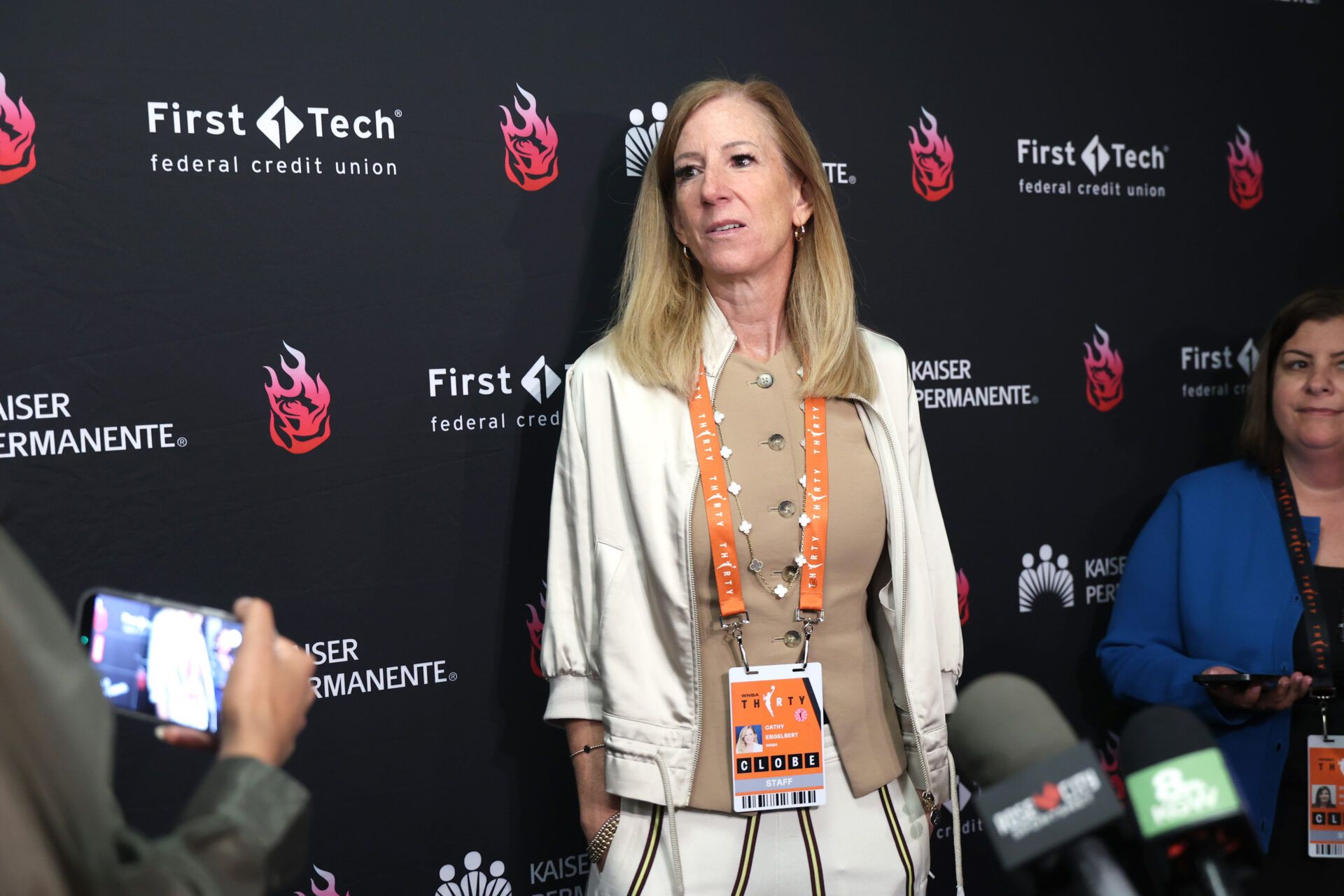 WNBA Commissioner Cathy Engelbert meets with the working media before Portland Fire against the Las Vegas Aces at Moda Center.