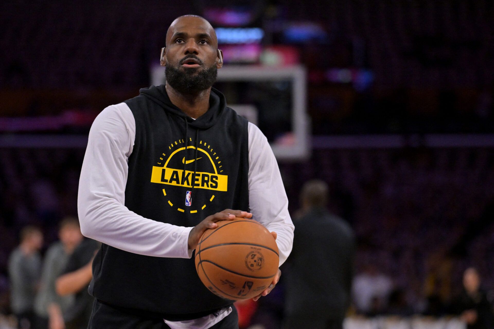 Los Angeles Lakers forward LeBron James (23) warms up prior to game three of the second round of the 2026 NBA Playoffs against the Oklahoma City Thunder at Crypto.com Arena.