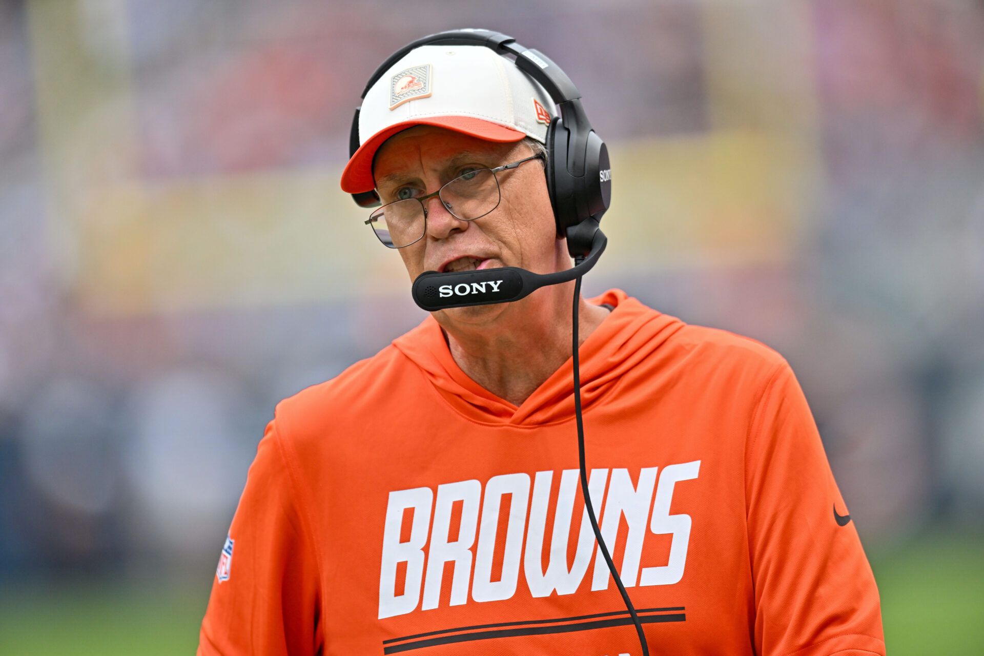 Cleveland Browns head coach Todd Monken looks on during the first half against the Chicago Bears at Soldier Field.