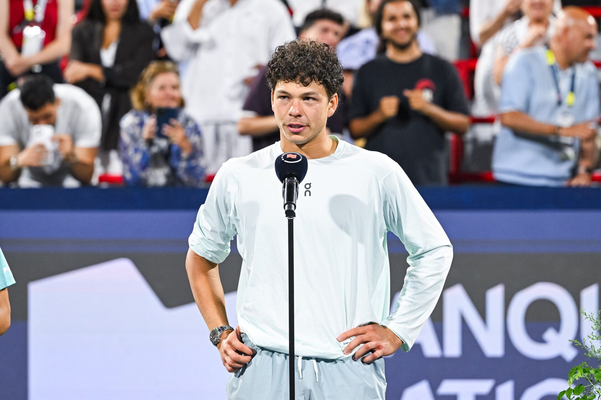 Ben Shelton (USA) winner of the singles final addresses the crowd at IGA Stadium.