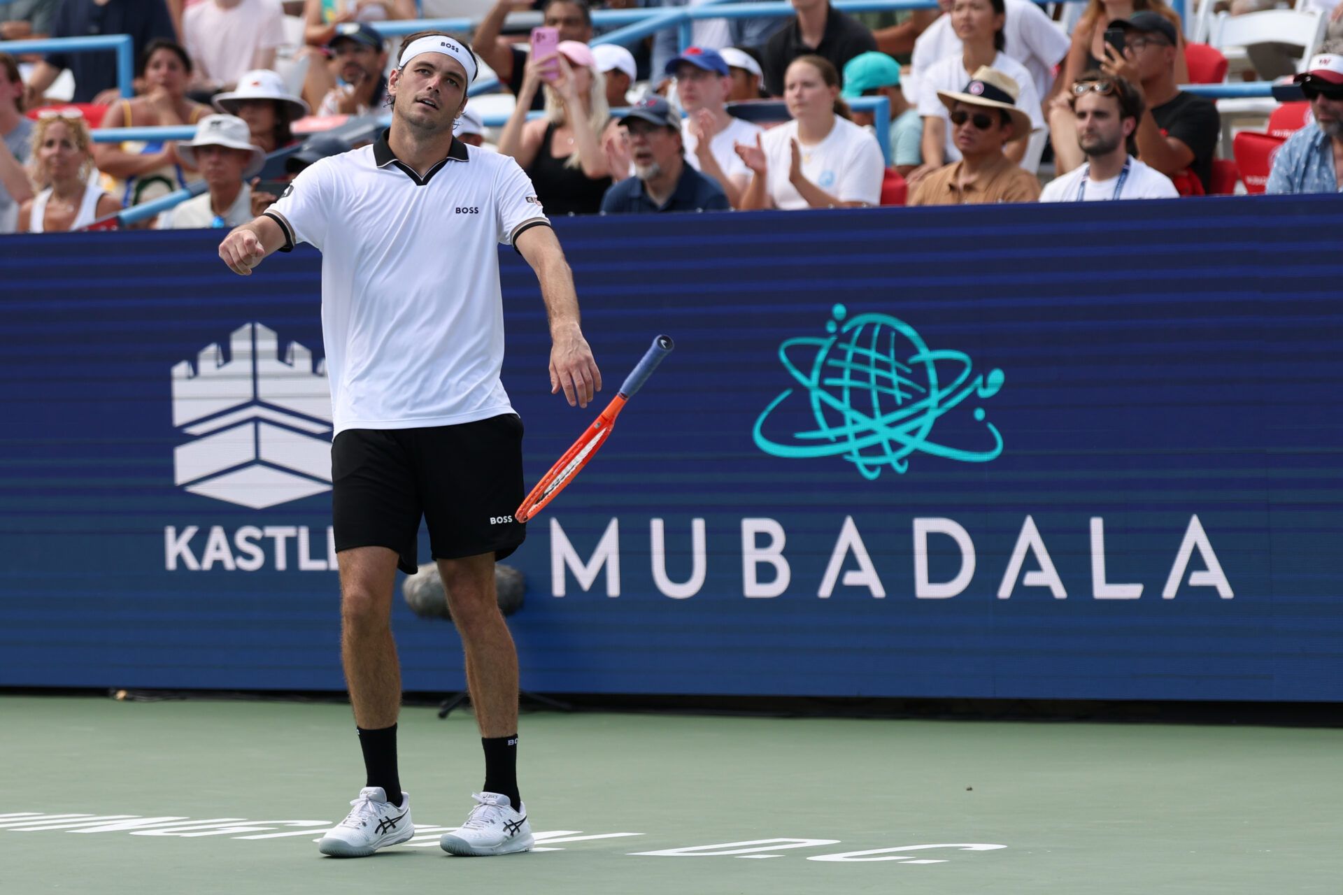 Taylor Fritz (USA) celebrates after match point against Rafael Jodar (ESP) (not pictured) in the men's singles final of the 2026 Mubadala DC Open at Rock Creek Park Tennis Center.